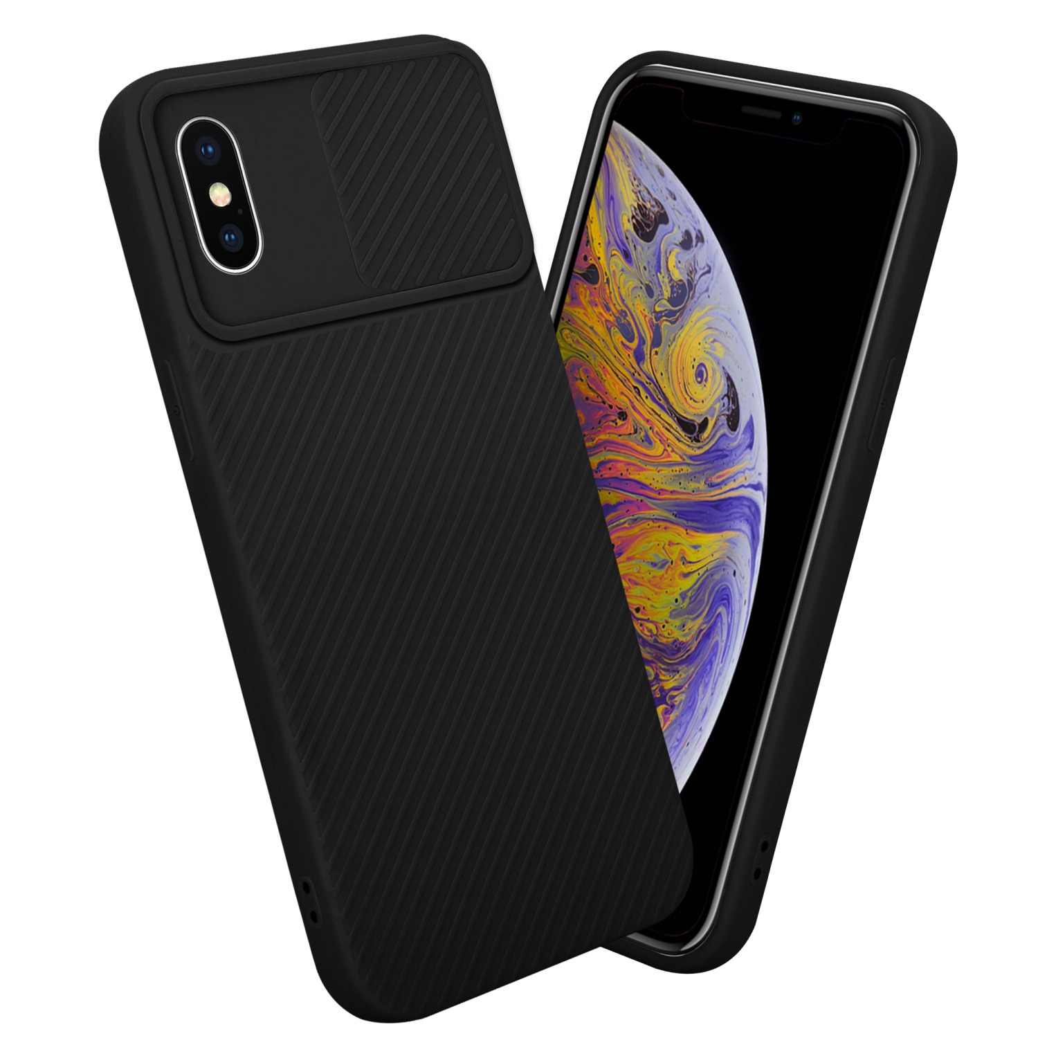 Schwarze Handyhülle mit Kameraabdeckung. Das Telefon hat einen farbenfrohen Bildschirm. Schwarze Hülle.