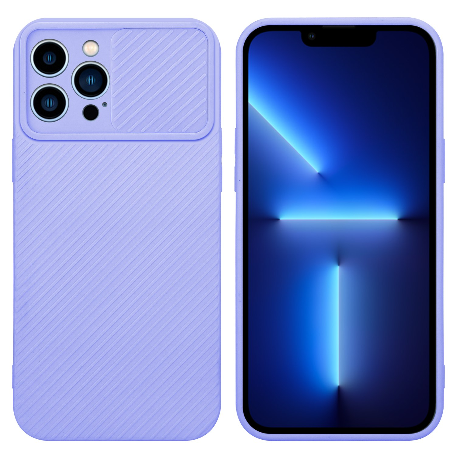 Lila Handyhülle, strukturierter Rücken, Telefon rechts. Der Telefonbildschirm ist blau mit hellen Linien.