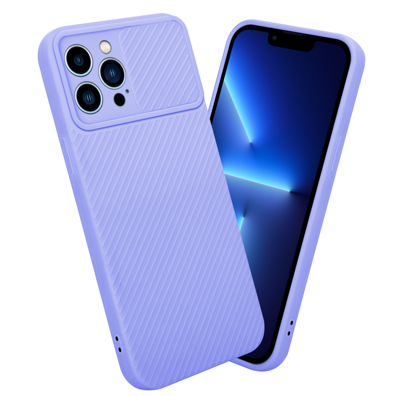 Lila Handyhülle mit Kameraabdeckung und Telefon. Telefon zeigt blauen Bildschirm. Diagonale Linien auf der Hülle.