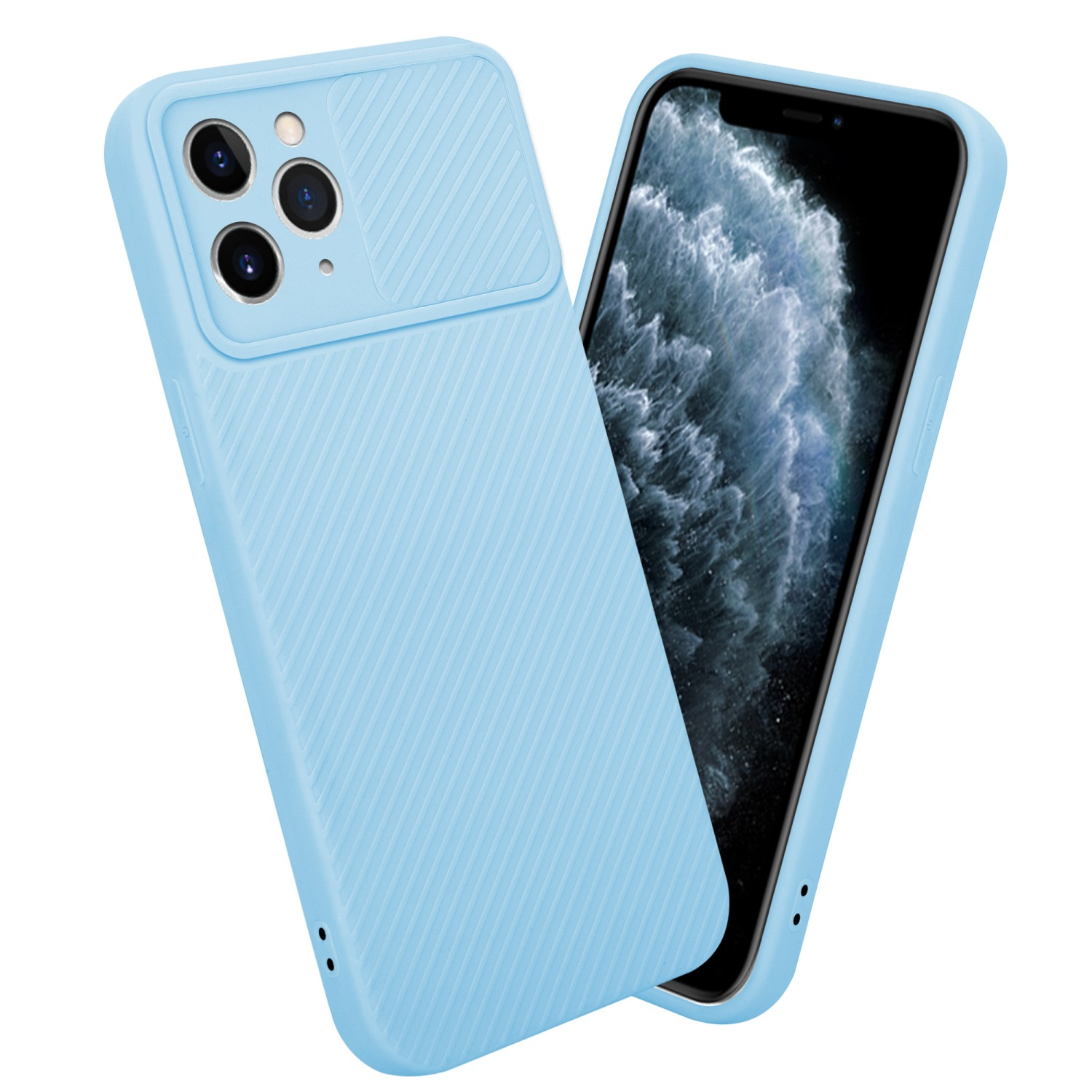 Blaue Handyhülle mit Kameraabdeckung und ein Handy. Hülle mit Streifen und Handy auf Display.