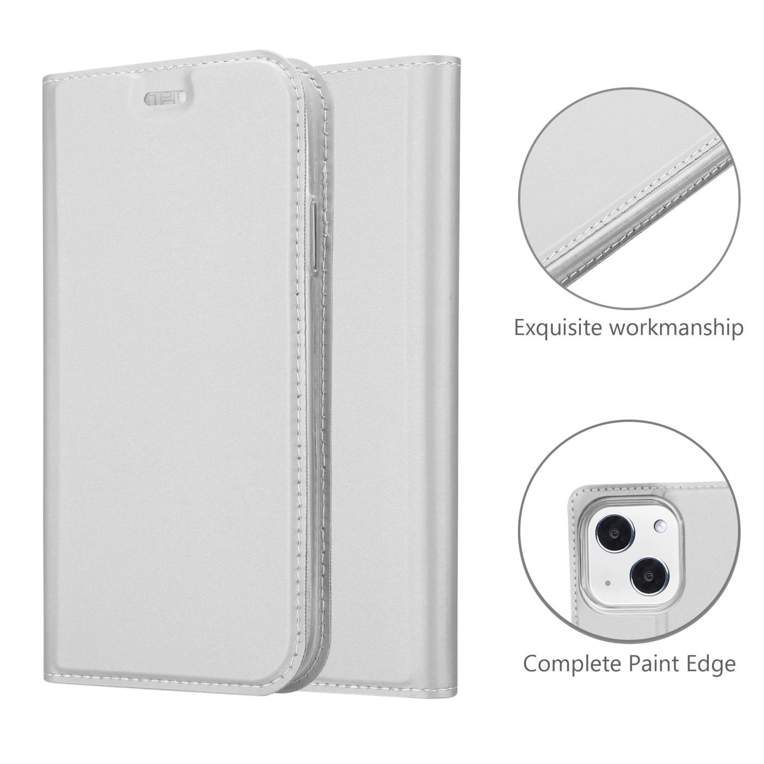 Un étui de téléphone argenté qui s'ouvre comme un livre. Il porte la description d'une fabrication exquise.