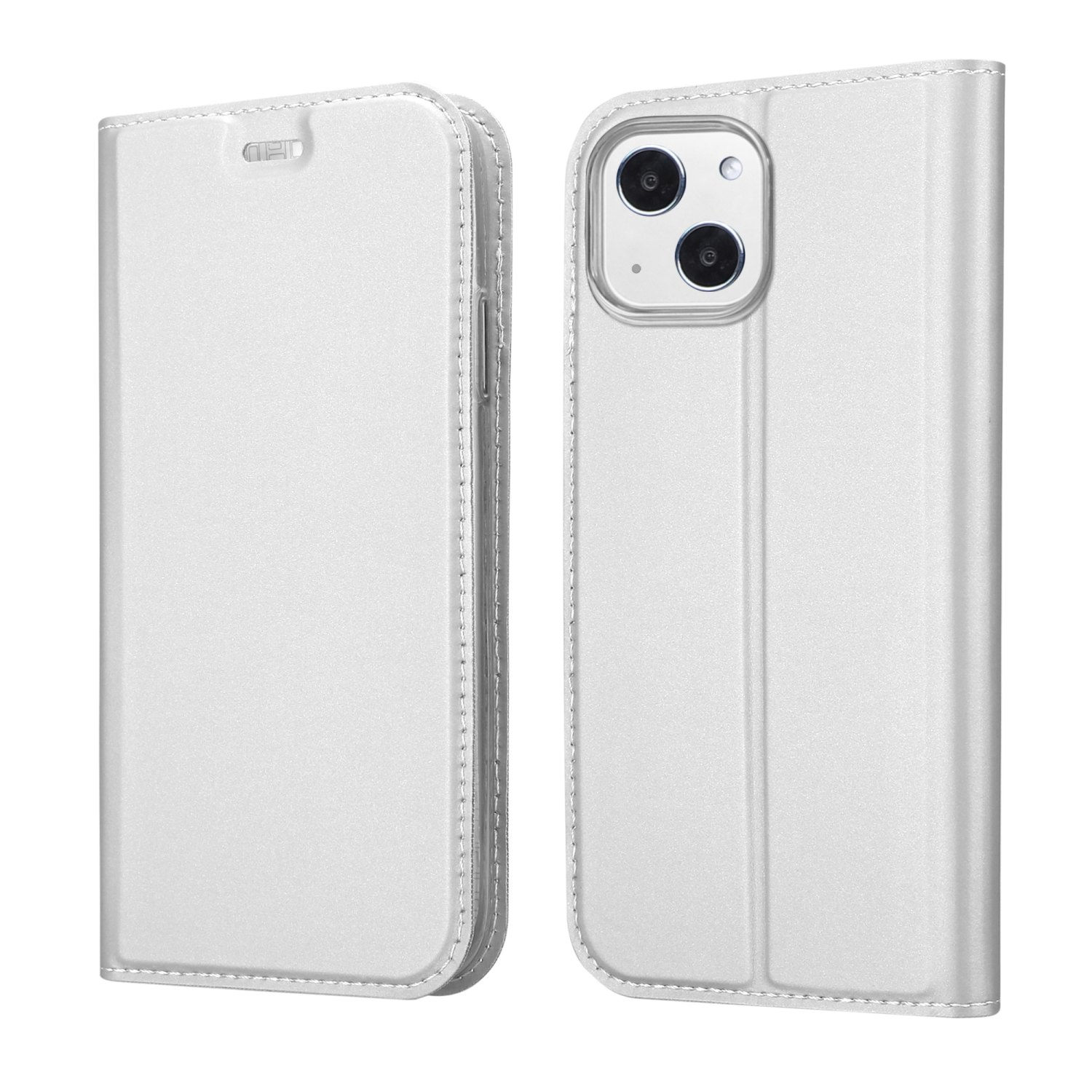 Coque de téléphone blanche avec rabat. Le téléphone est ouvert, montrant la caméra et l'écran.