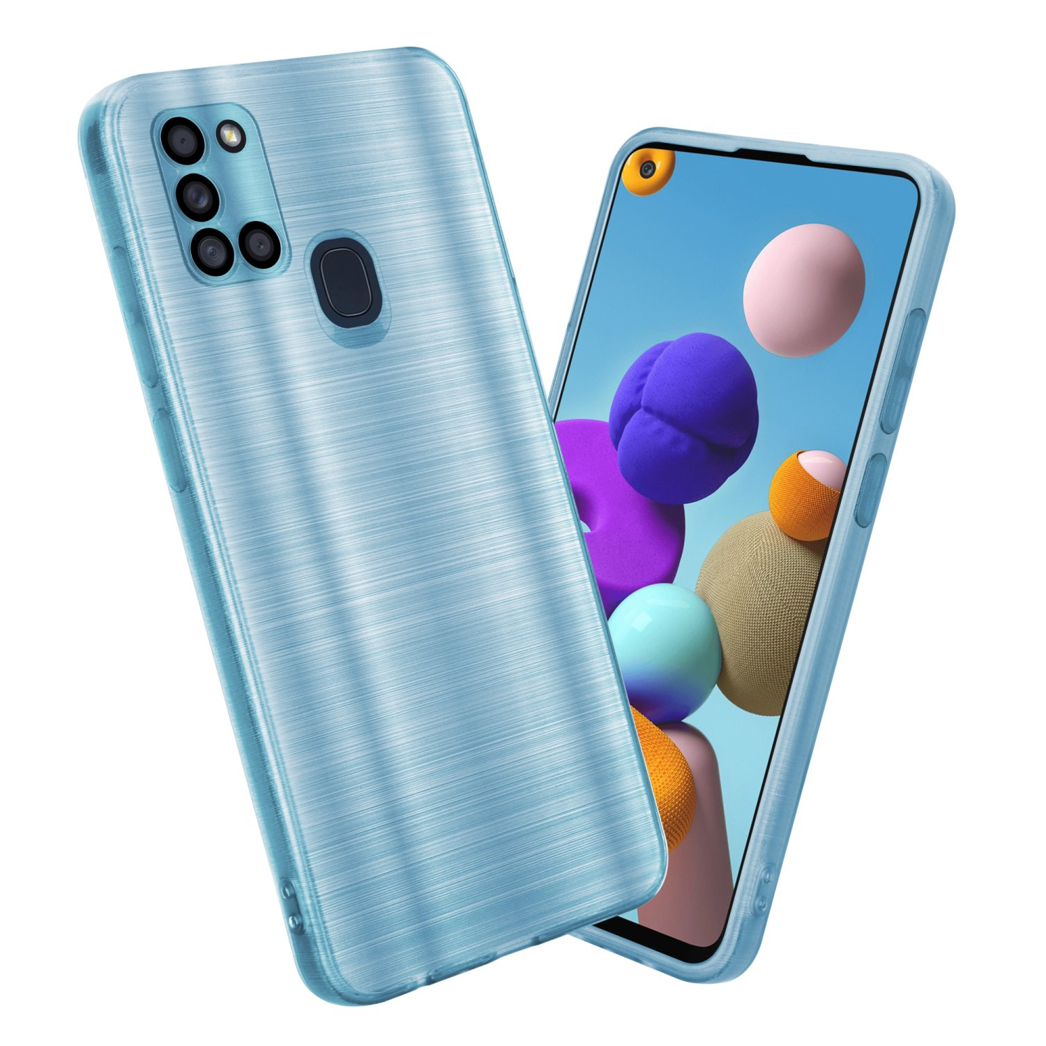Una custodia per telefono, blu, con una texture in metallo spazzolato. La custodia ha un ritaglio per la fotocamera ed è a destra.