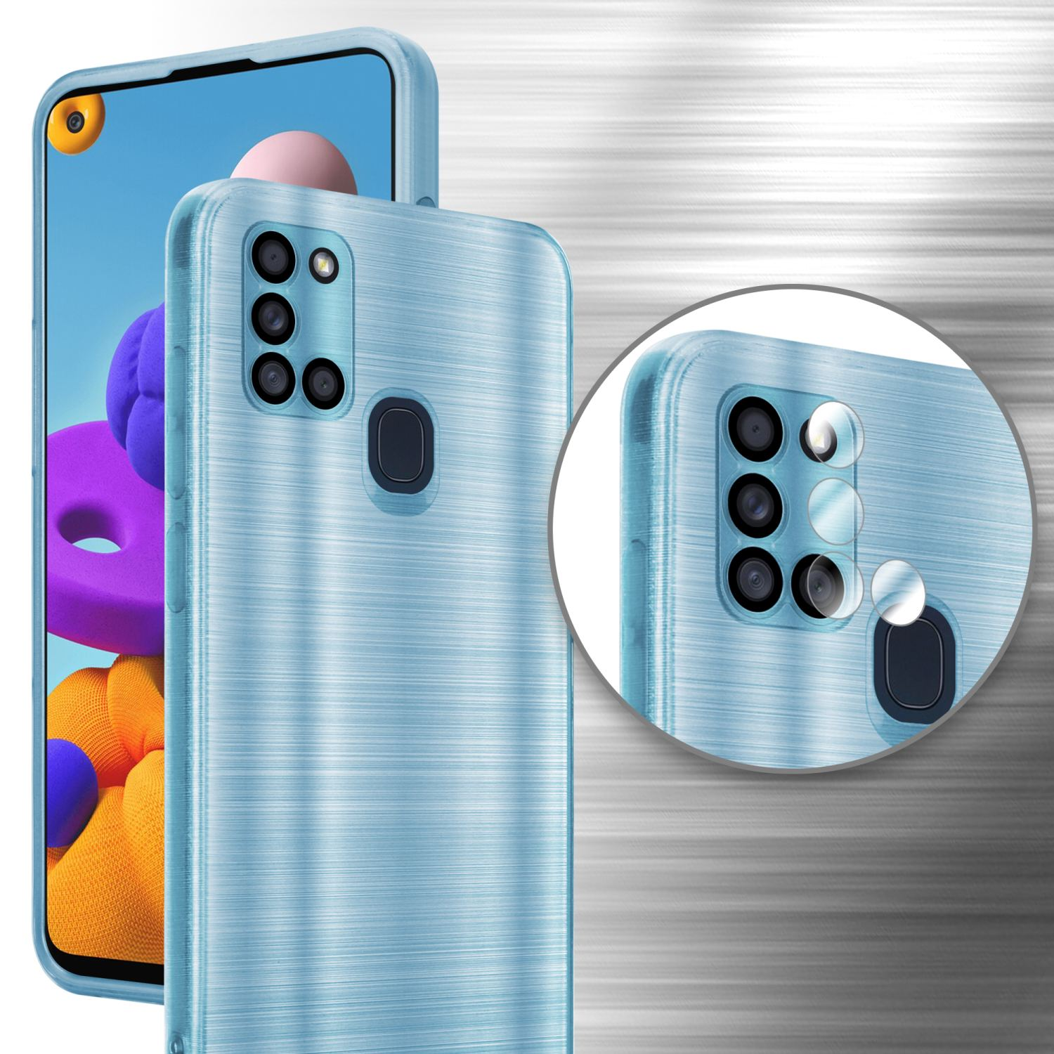 Custodia e telefono blu con texture spazzolata, con un primo piano delle fotocamere.