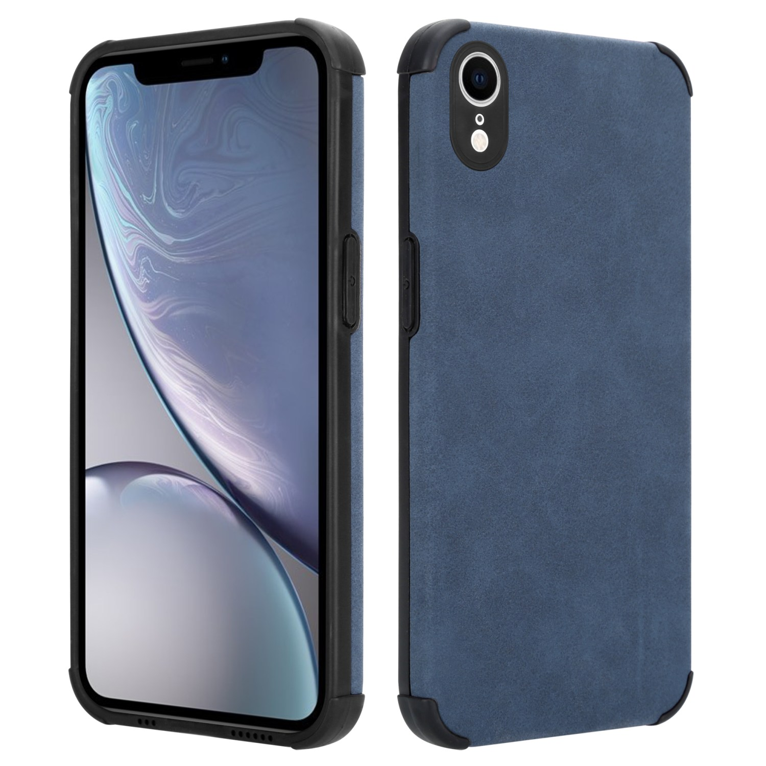 Ein iPhone in einer blauen Hülle. Die linke Seite zeigt den Bildschirm. Die rechte Seite zeigt die Rückseite.