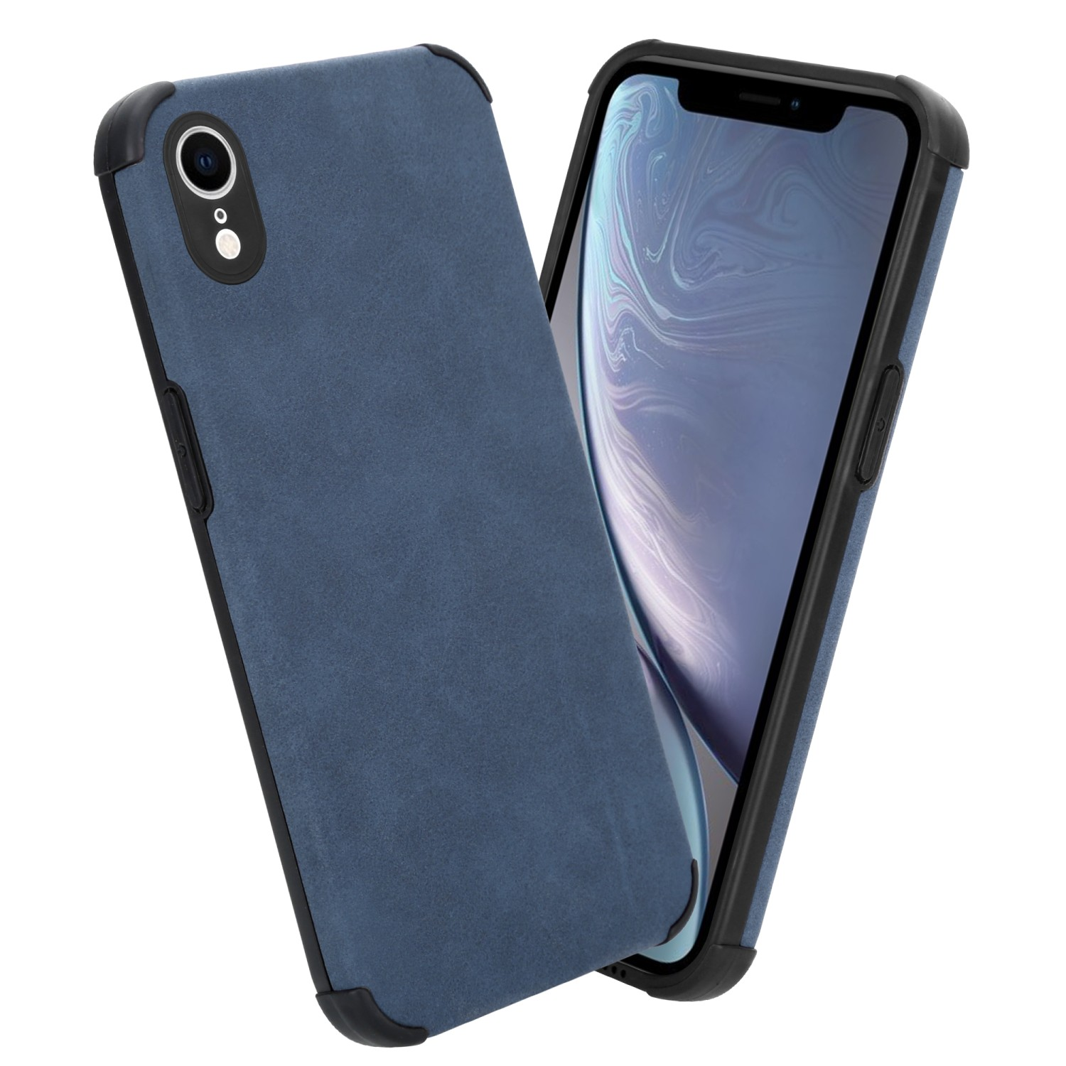 Blaue Handyhülle mit schwarzen Rändern. Ein Telefon ist darin. Die Hülle hat Wildleder-Textur.