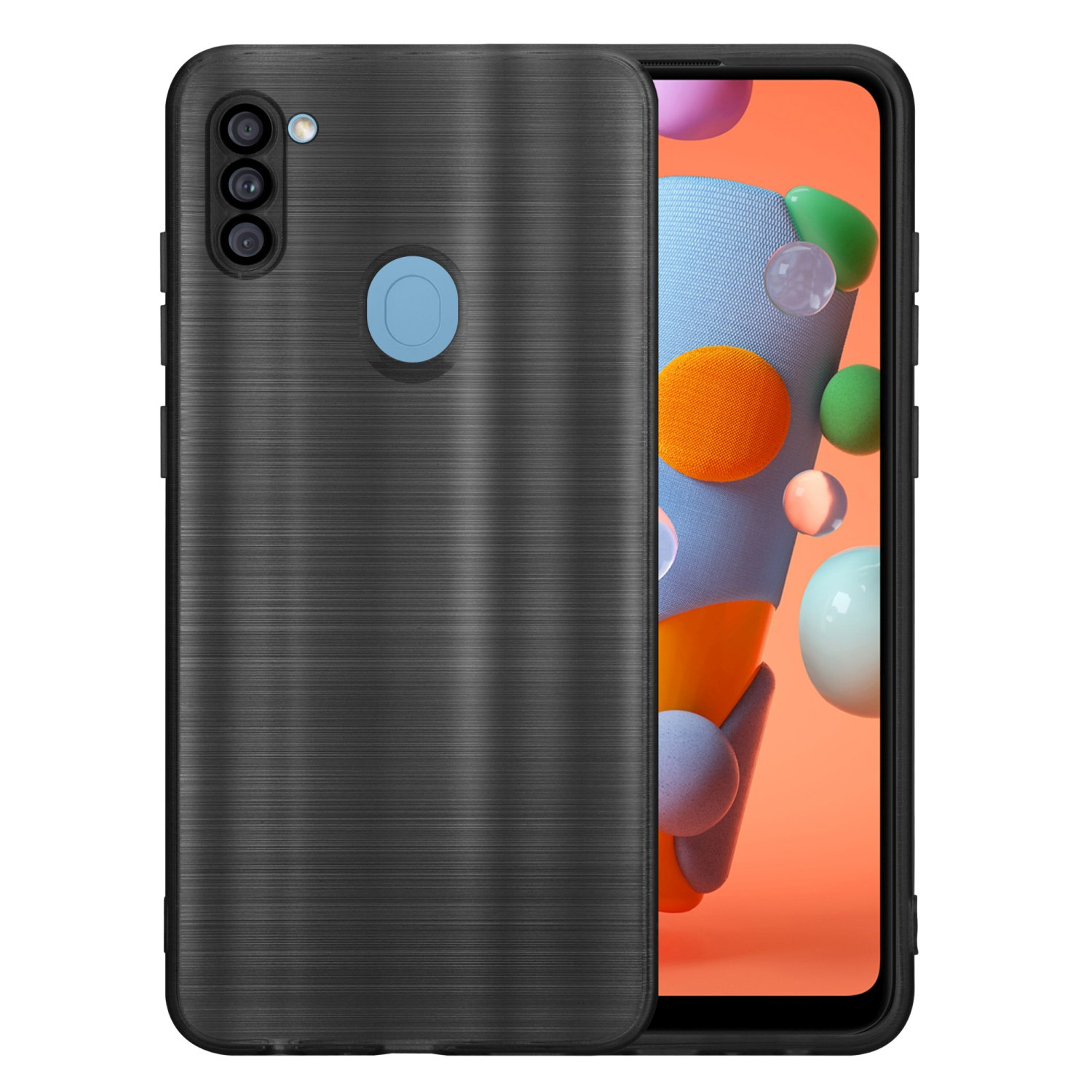 Una custodia nera su uno schermo del telefono con un design blu e arancione.