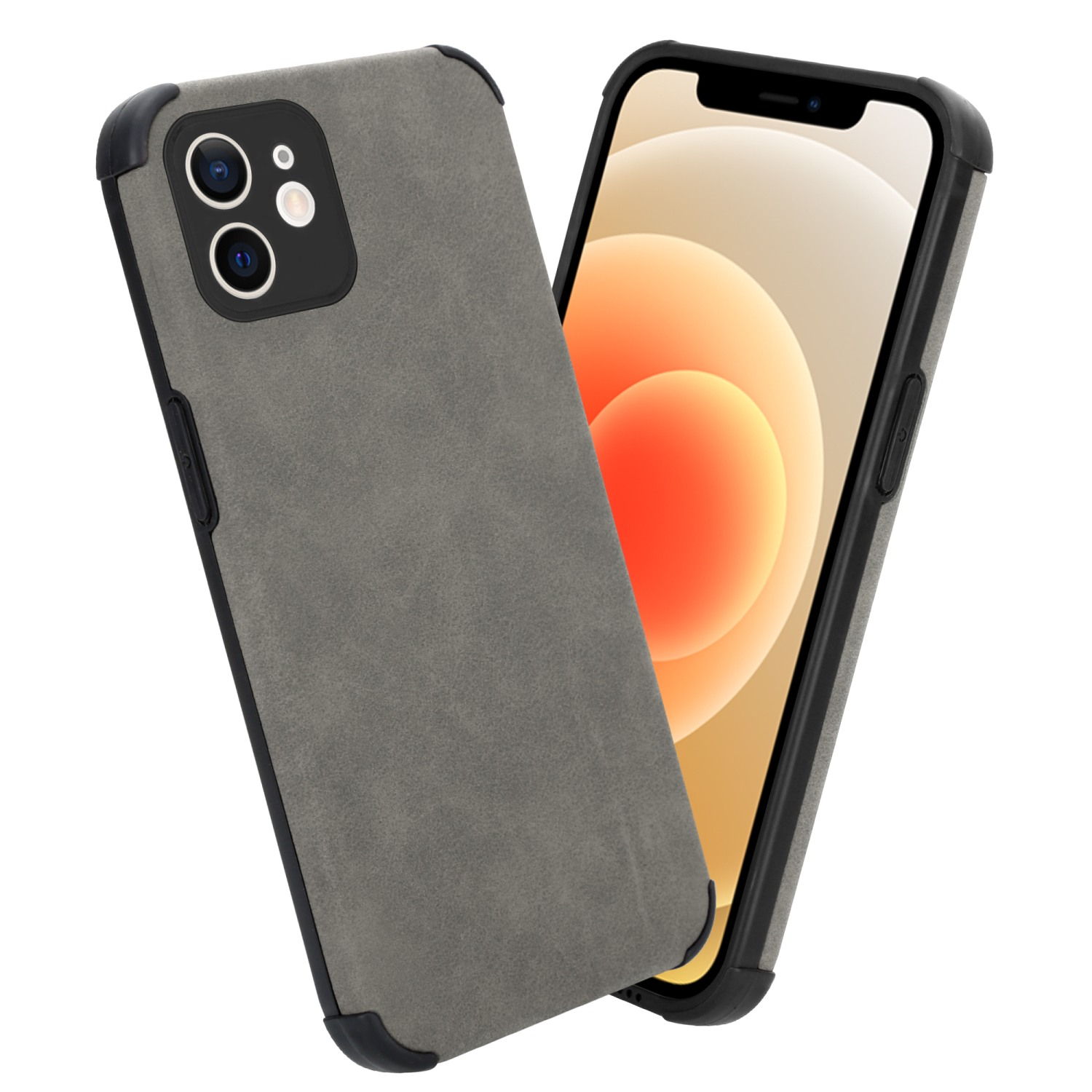 Zwei Telefone. Beide haben graue Hüllen mit schwarzen Rändern und sind auf weißem Grund.