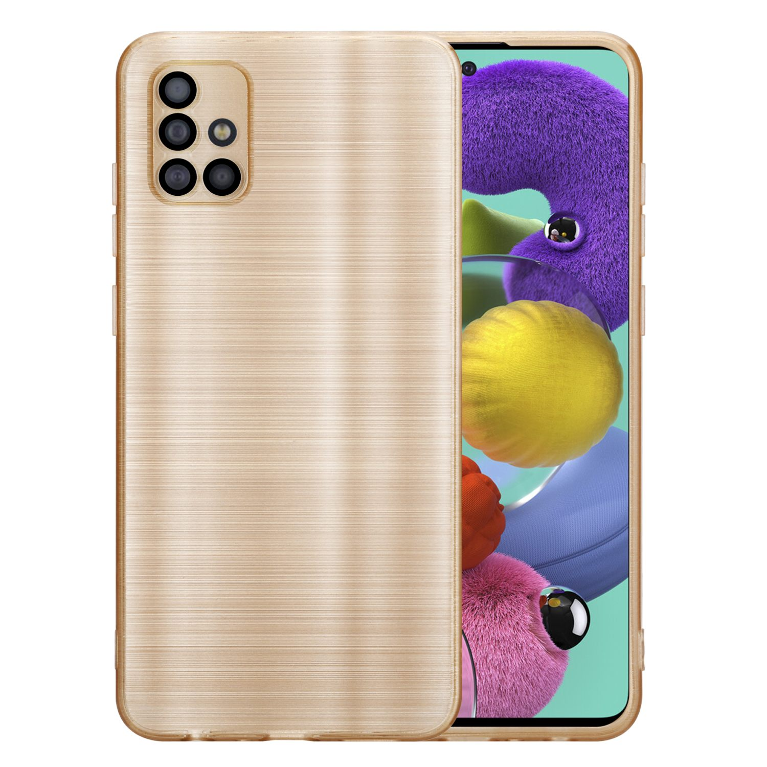 Custodia dorata con più fotocamere. Schermo del telefono mostra oggetti colorati, incluso uno viola.