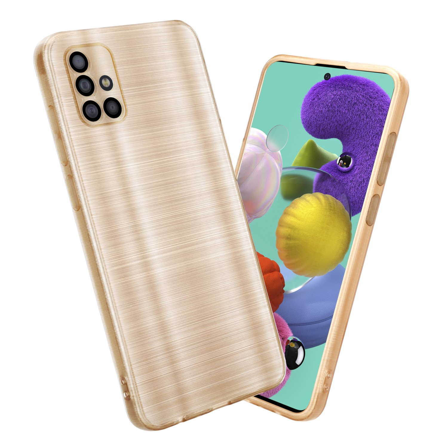 Custodia dorata per telefono e telefono con schermo colorato. La custodia ha il retro strutturato. Il telefono ha forme viola e gialle.