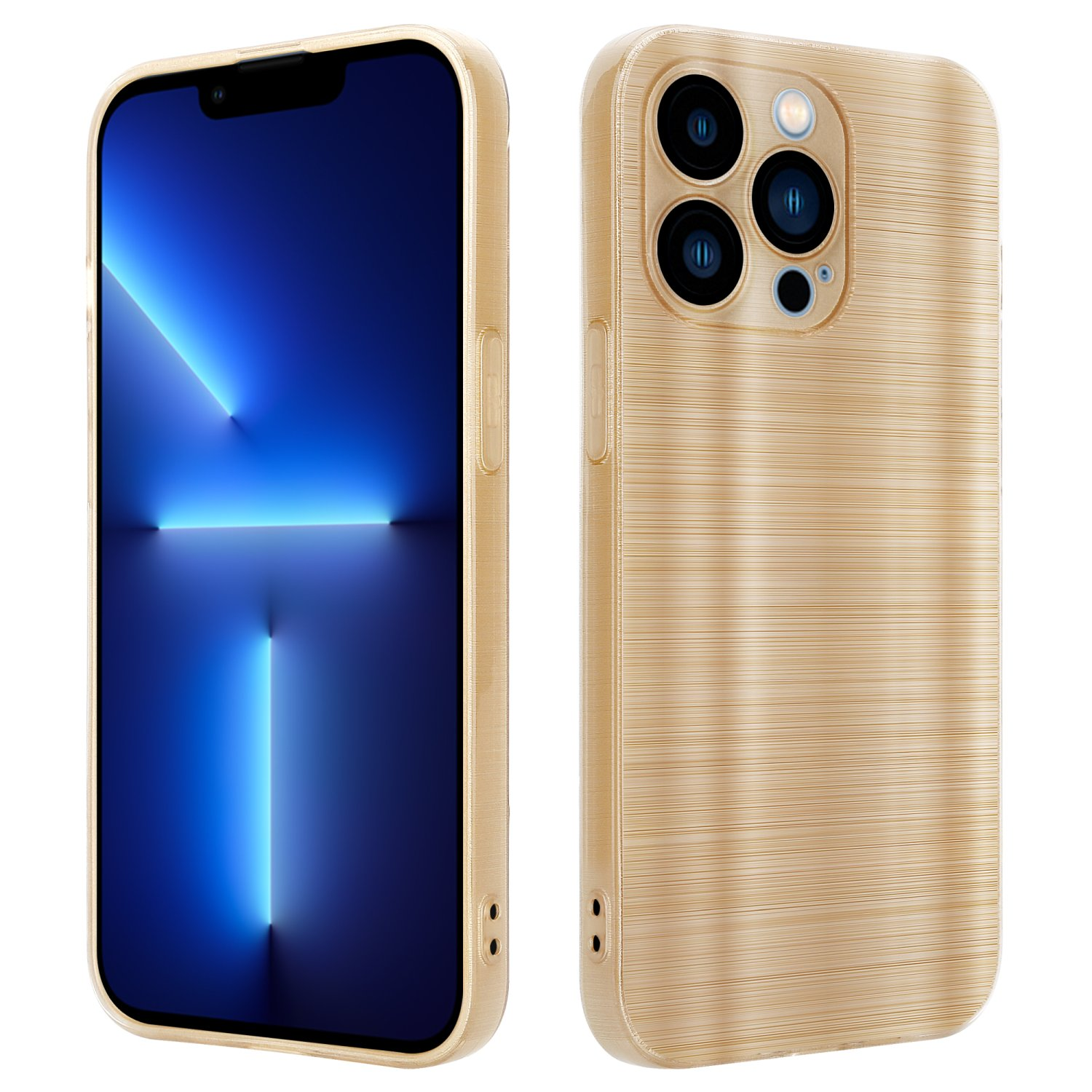 Una funda dorada para teléfono con un teléfono, con cámara y botones.