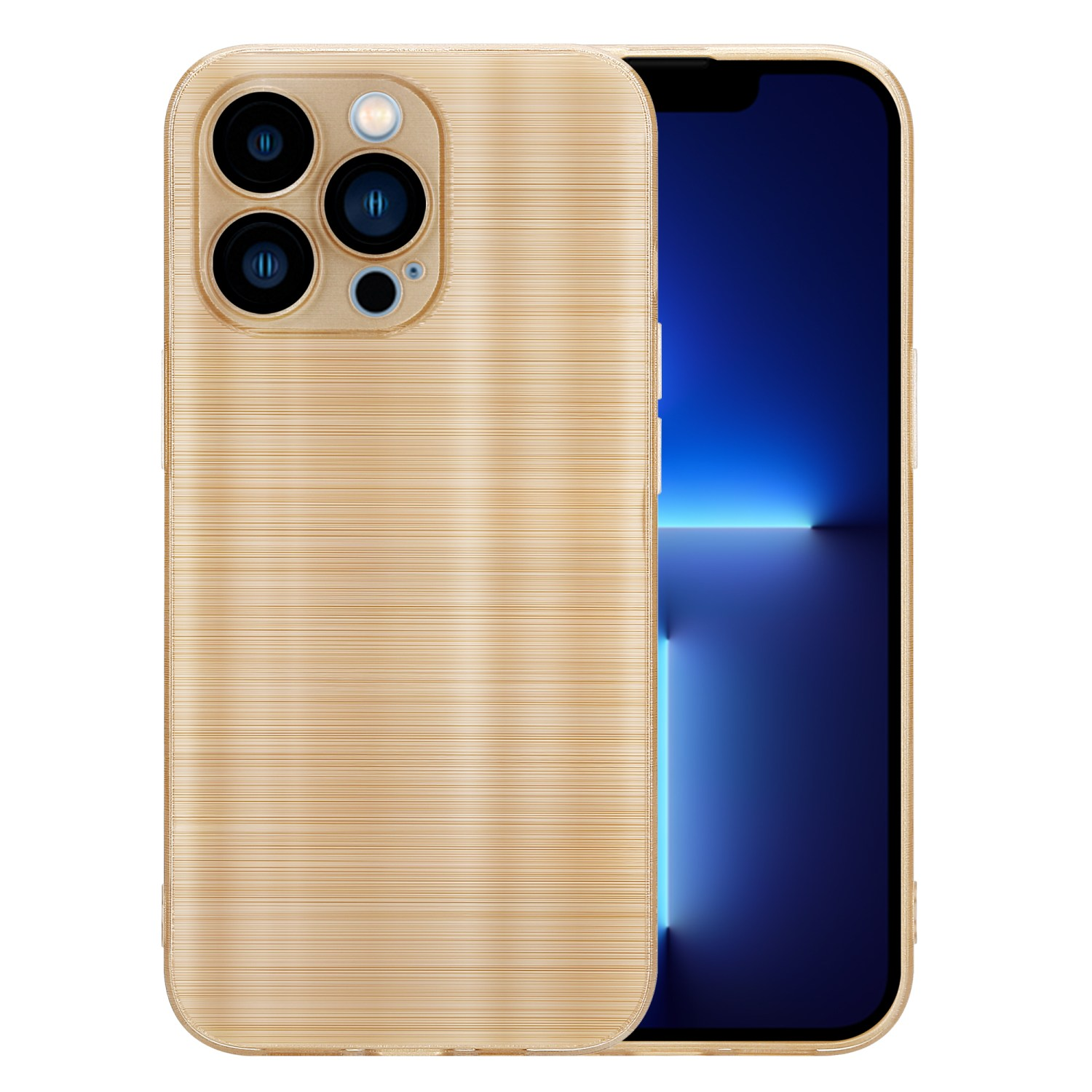 Una funda dorada para teléfono con un teléfono dentro. La funda tiene una textura de metal cepillado.