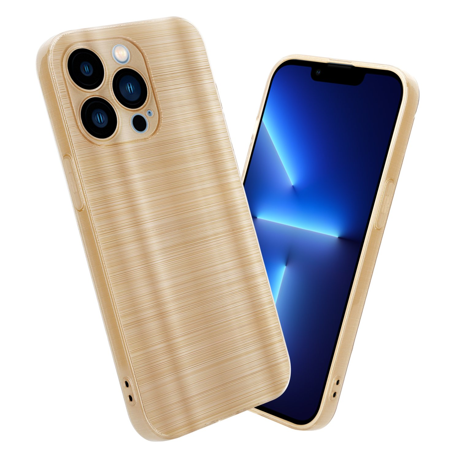 Funda dorada para teléfono. La funda tiene una superficie texturizada.