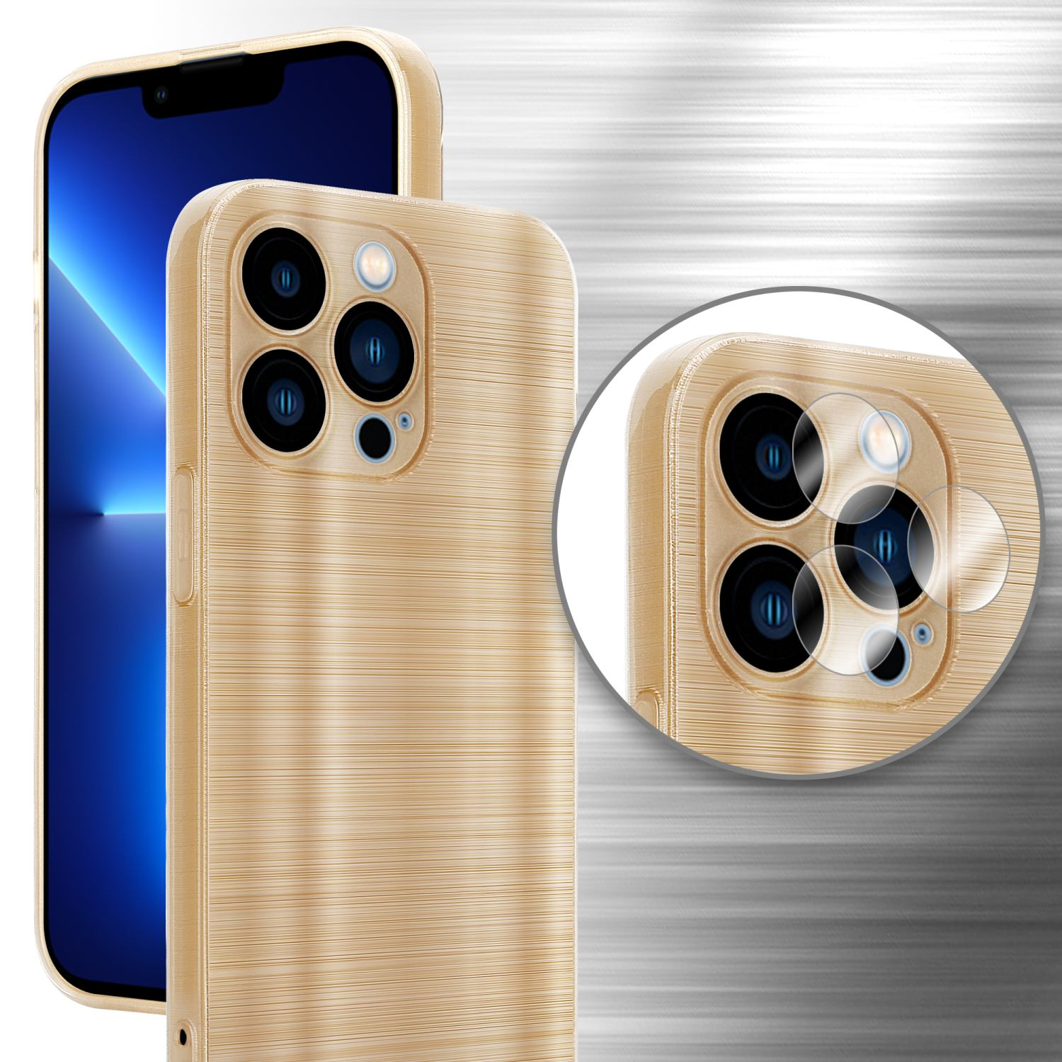 Funda dorada para teléfono. Teléfono a la izquierda y primer plano de la cámara. Fondo metálico.