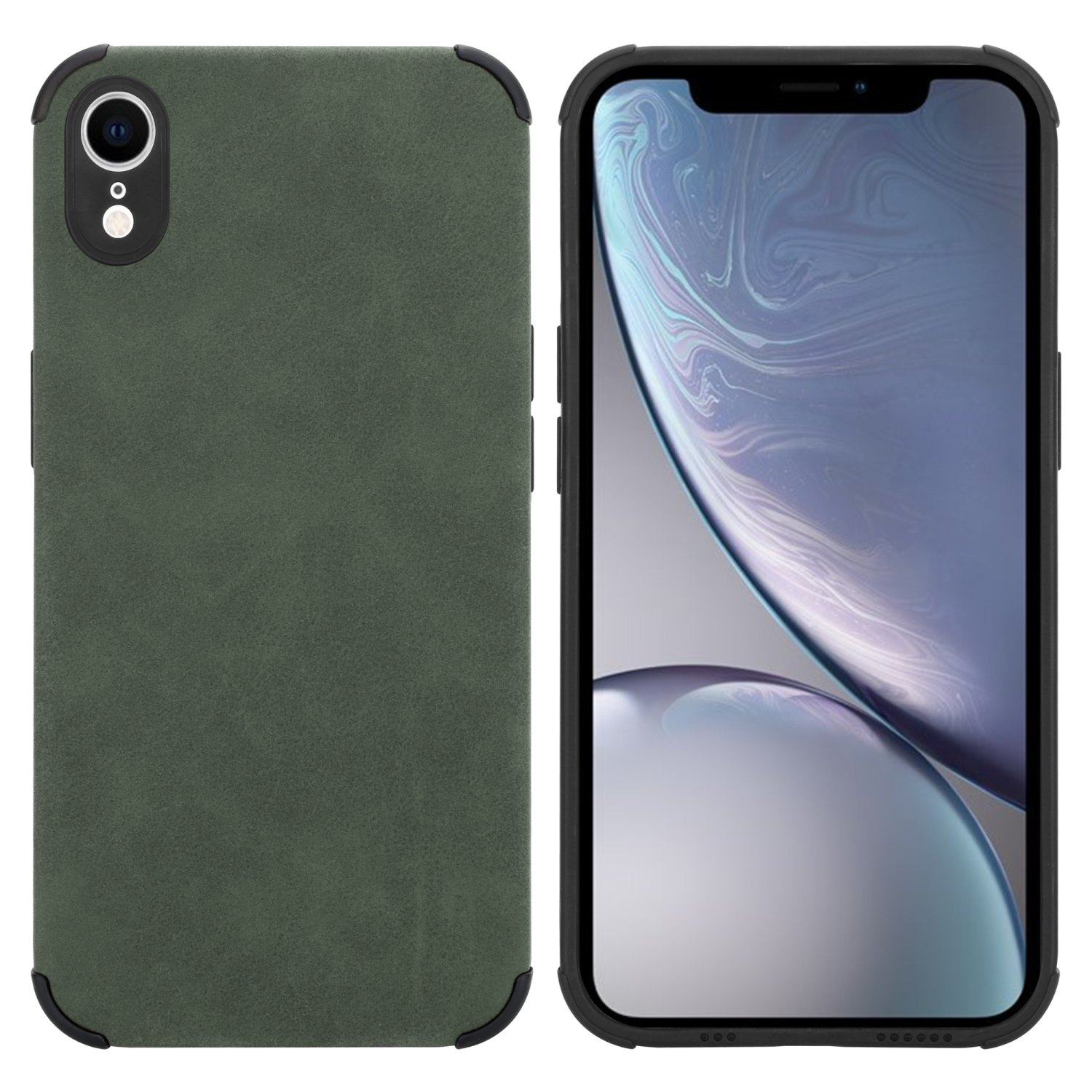 Grüne Handyhülle. Telefonbildschirm rechts sichtbar.