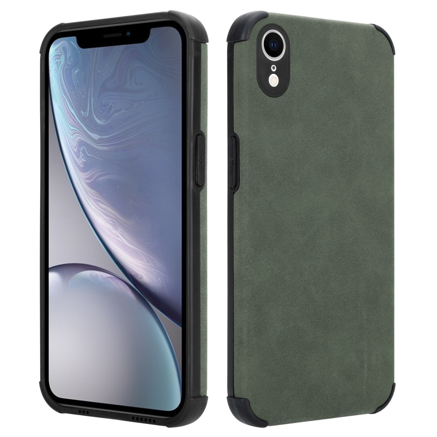 Zwei Smartphone-Hüllen, eine vorne und eine hinten, in grüner Farbe mit schwarzen Rändern.