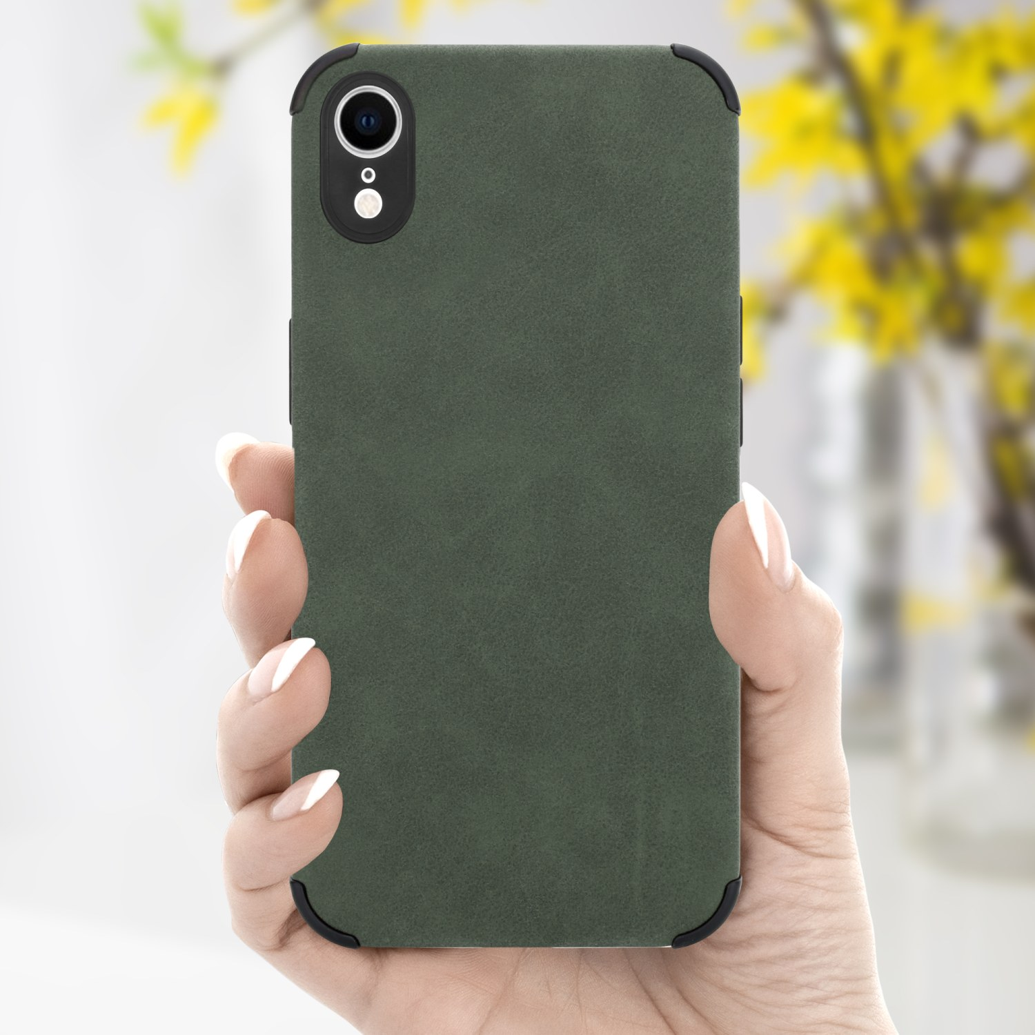 CADORABO Hülle aus TPU Silikon iPhone edler Smaragd Backcover, Rückseite, Apple, mit Kunst-Wildleder XR, Grün