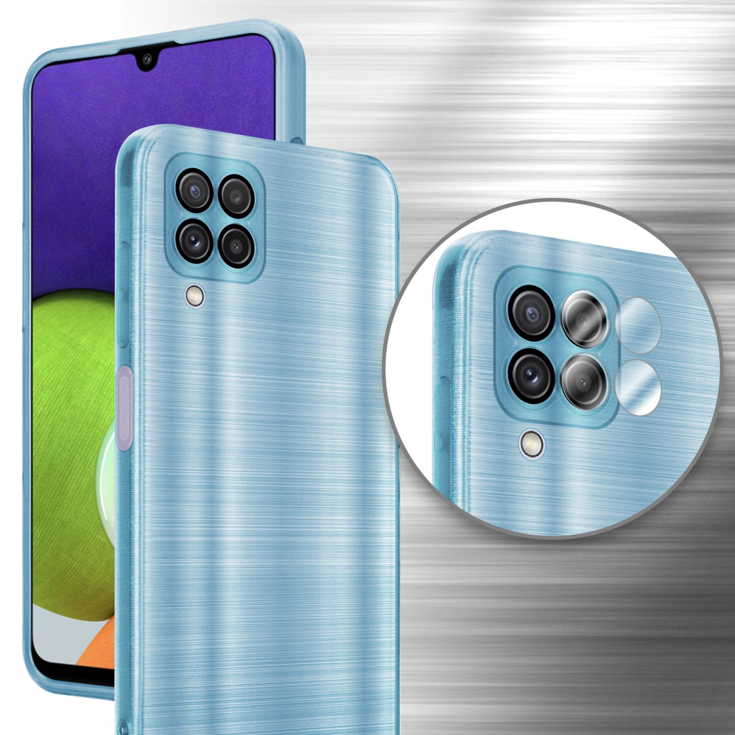 Una custodia per telefono blu con ritagli per la fotocamera. La superficie ha un aspetto strutturato.