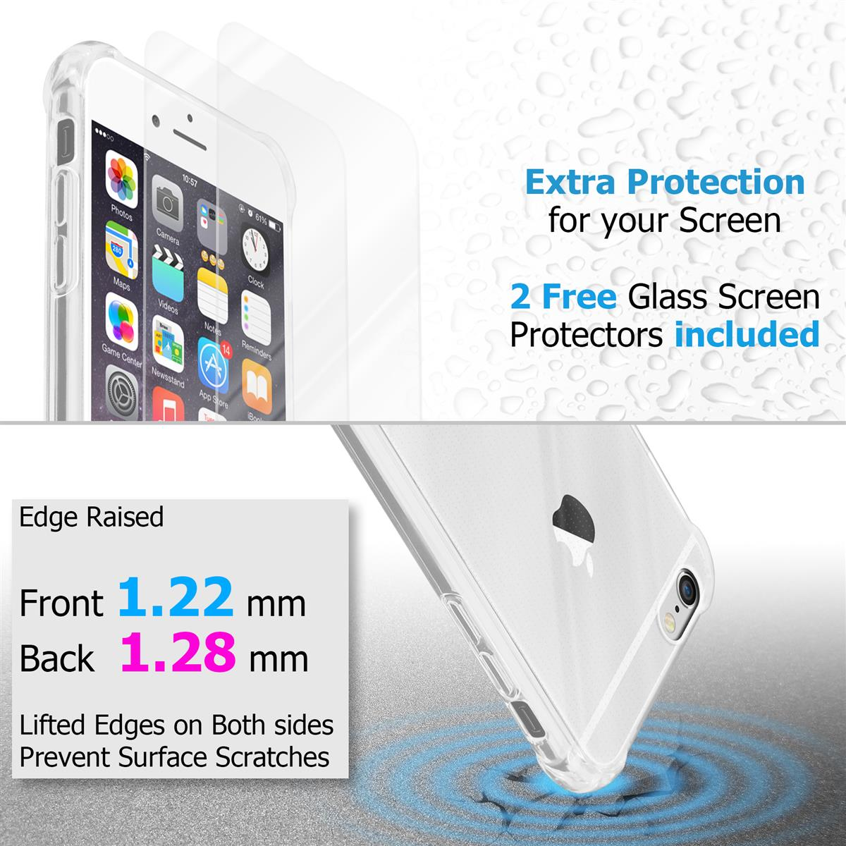 Coque de téléphone transparente avec téléphone. Texte : Protection supplémentaire pour votre écran. 2 protecteurs gratuits.