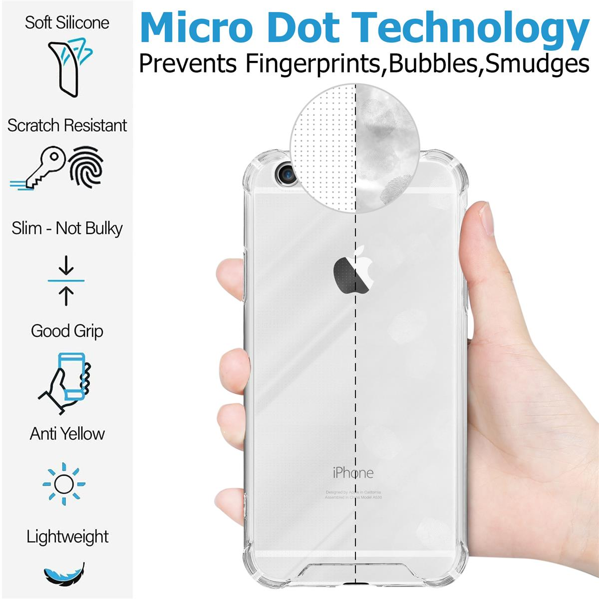 Une main tenant une coque de téléphone transparente avec diverses icônes et du texte décrivant ses caractéristiques.