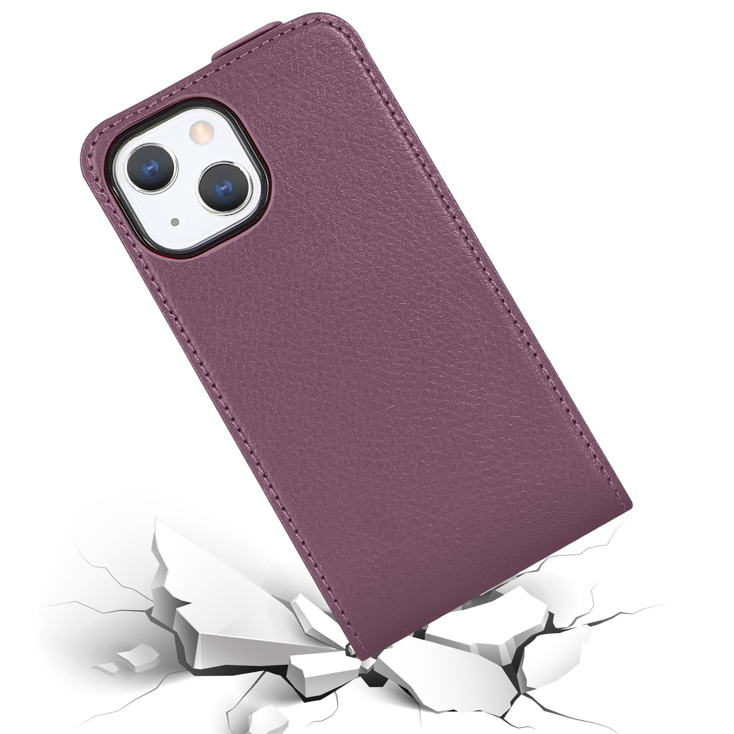 Eine lila Handyhülle mit einem Telefon darin liegt über einer rissigen Oberfläche.