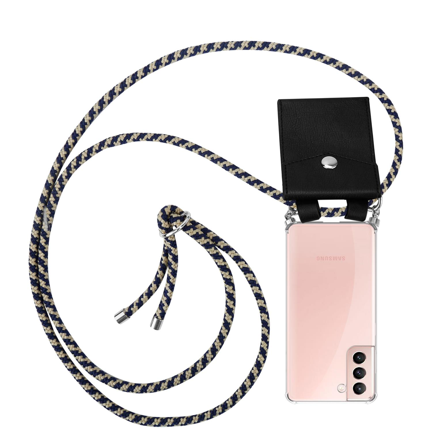Eine schwarze Handyhülle mit schwarzem Cover und ein hellrosa Telefon mit Schlüsselband, hängend.