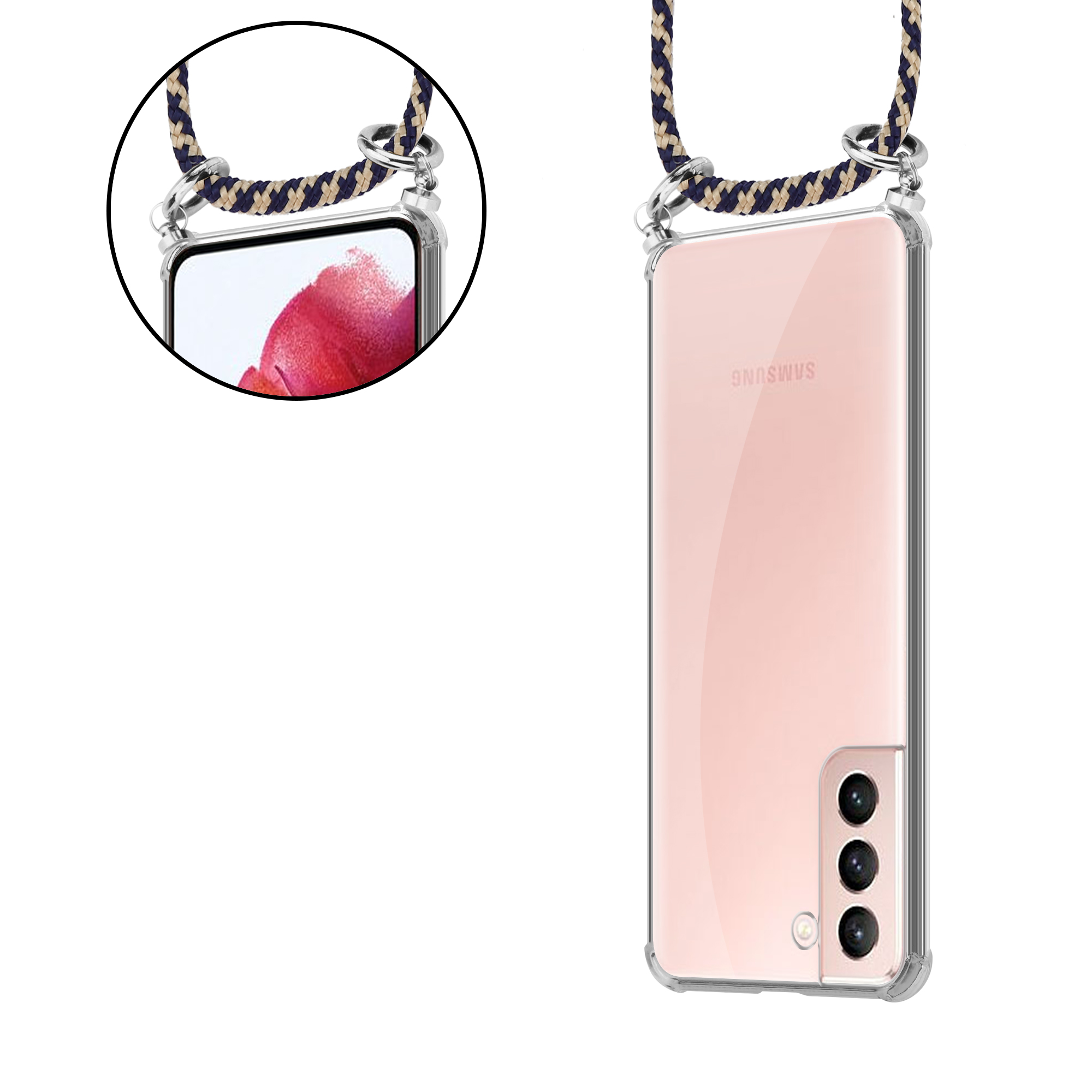 Klare Handyhülle mit Lanyard. Telefon hat rosa Rückseite und mehrere Kameras.