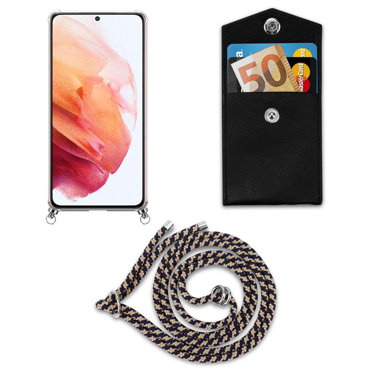 Telefon mit Schlüsselband und kleiner schwarzer Tasche mit Karten und Bargeld.