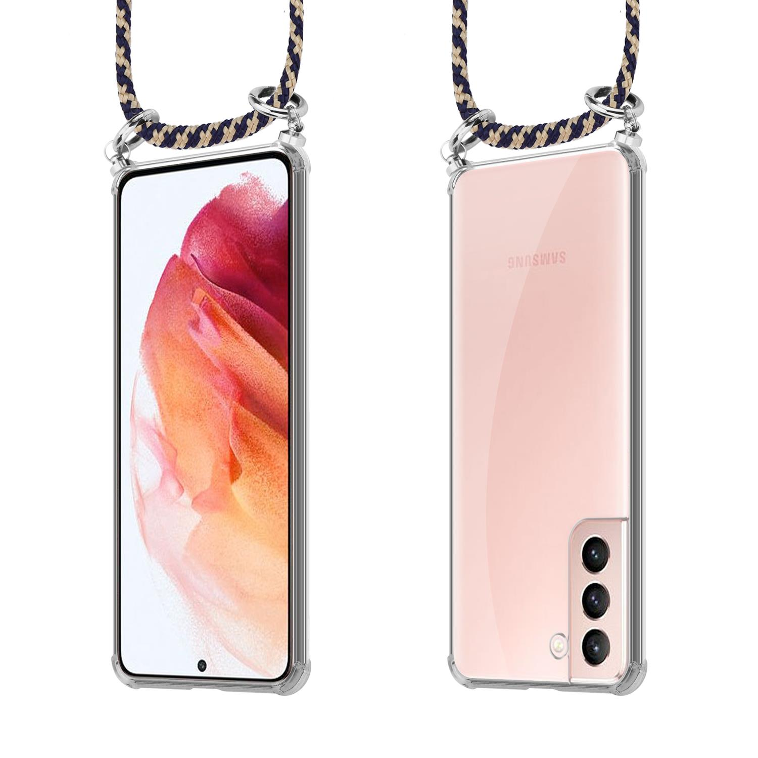 Zwei Seiten eines Telefons in einer durchsichtigen Hülle mit Lanyard. Telefon hat rosafarbene Rückseite.
