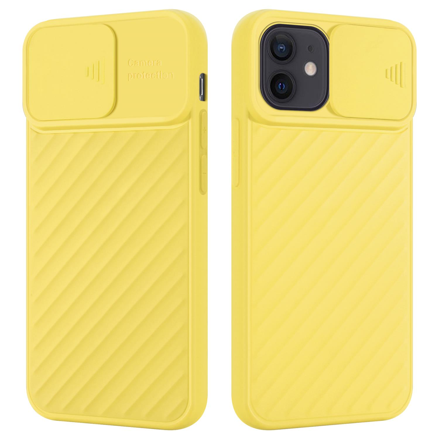 Eine gelbe Handyhülle mit Kameraschutz und ein Telefon darin, das eine Kamera zeigt.