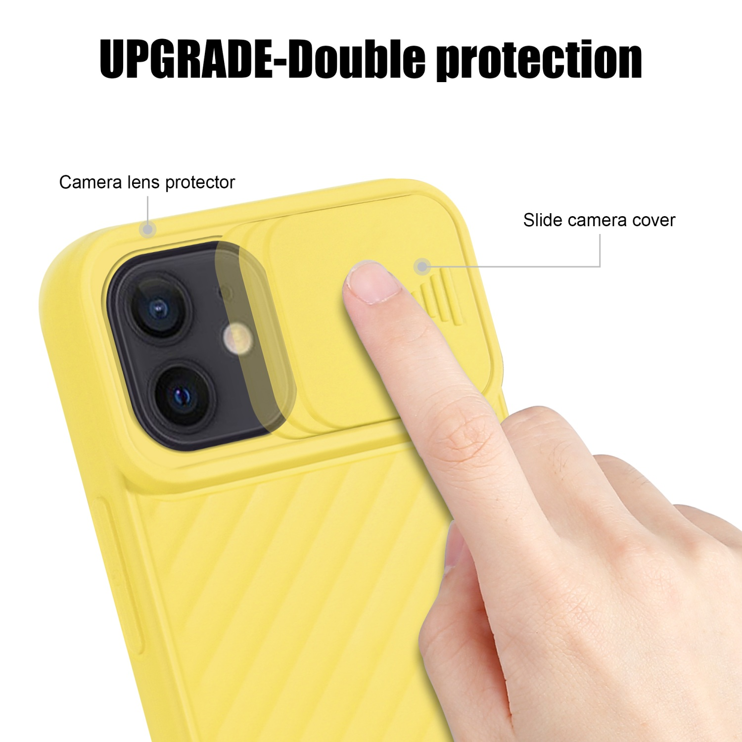 Eine gelbe Handyhülle mit Kameraschutz und einem Finger.
