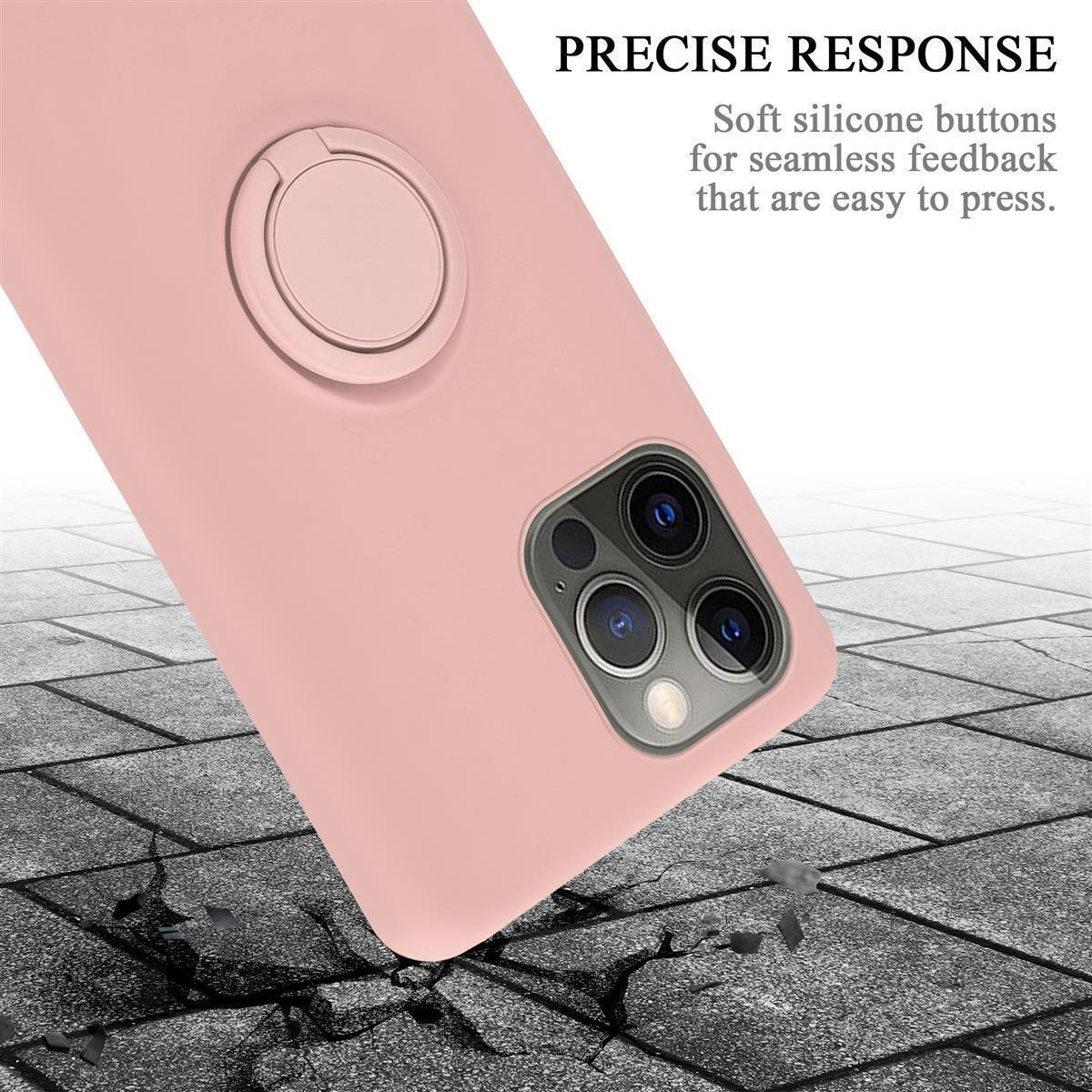 Eine rosa Handyhülle mit Ringhalter und Kamera. Text sagt Präzise Antwort.