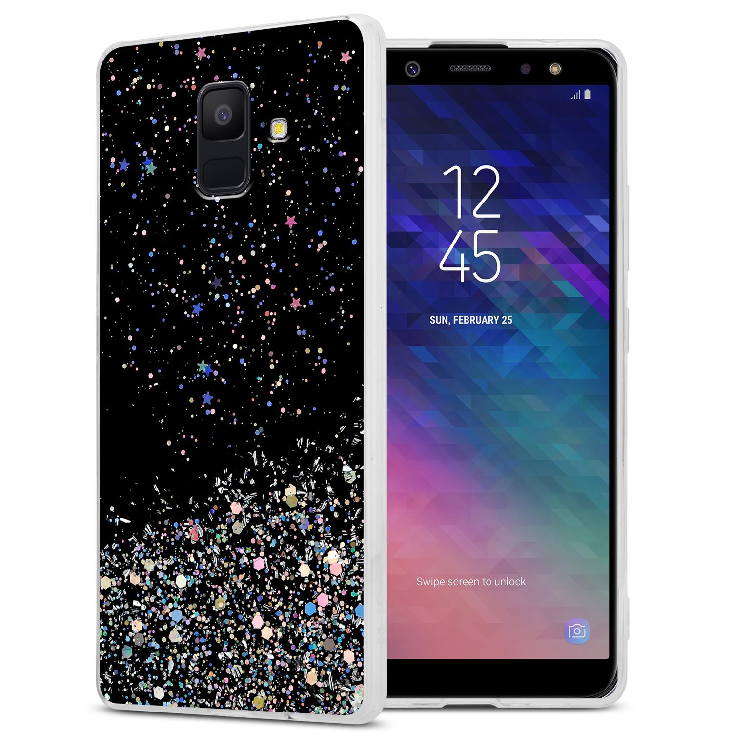 CADORABO Schutzhülle mit funkelnden Glitter, A6 Galaxy Schwarz Glitter 2018, mit Backcover, Samsung