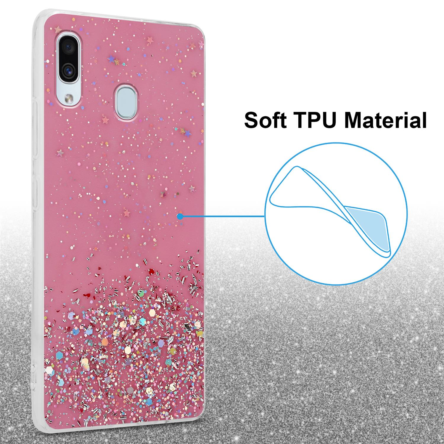 Eine rosa Handyhülle mit Glitzer. Der Text 'Soft TPU Material' ist sichtbar. Der Hintergrund ist glitzernd.