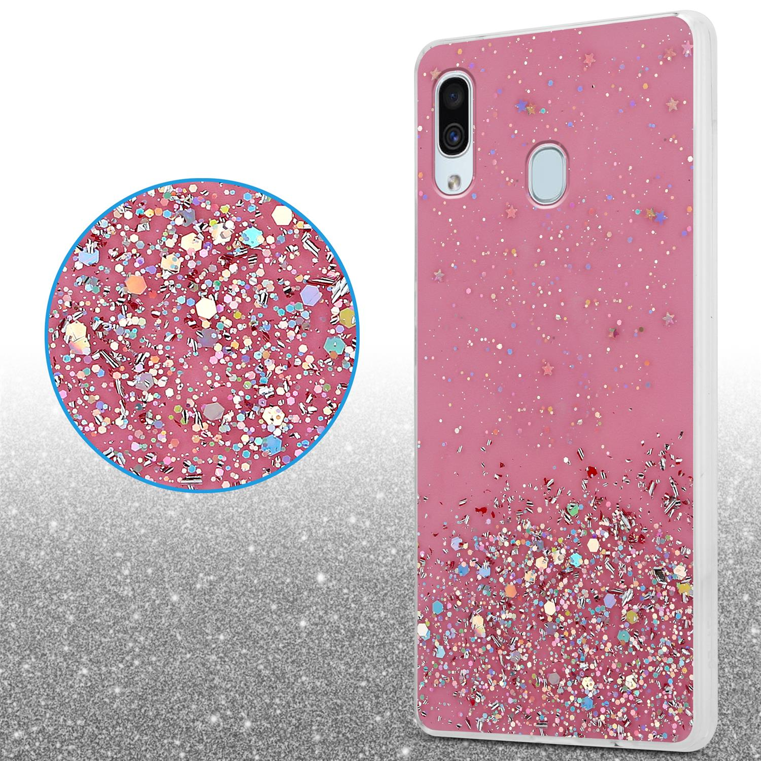 Eine rosa Handyhülle mit Glitzer. Eine Nahaufnahme zeigt den Glitzer. Die Handyhülle liegt auf einer Glitzeroberfläche.