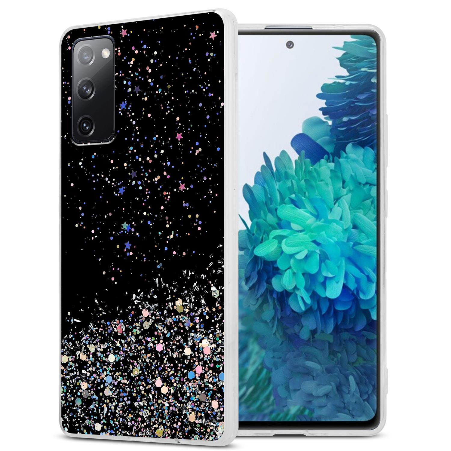 Eine Handyhülle mit schwarzem Glitzerdesign. Das Telefon ist sichtbar.