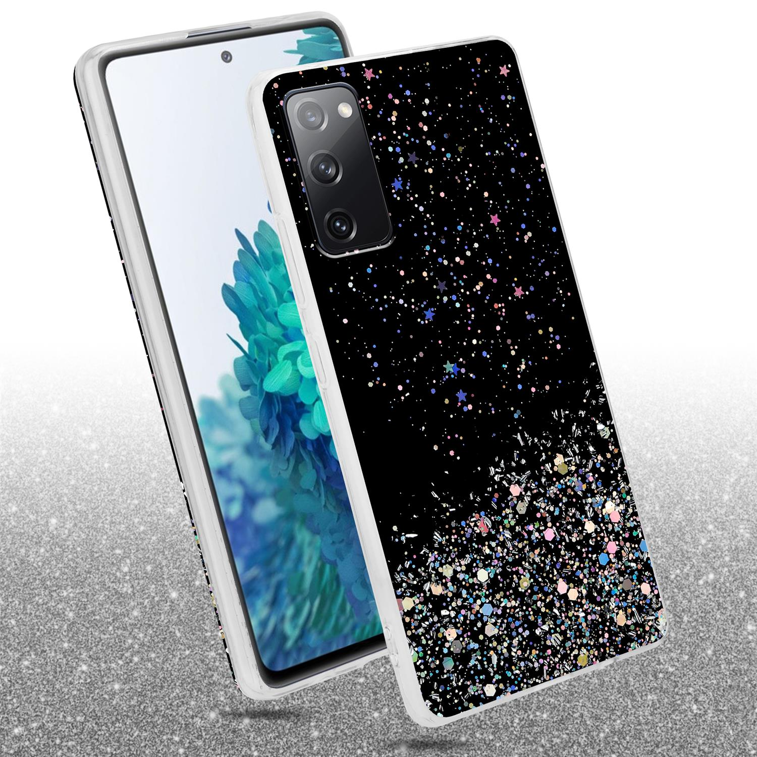 Schwarze Handyhülle mit Glitzer über einem Telefon. Der Hintergrund ist eine glitzernde Oberfläche.
