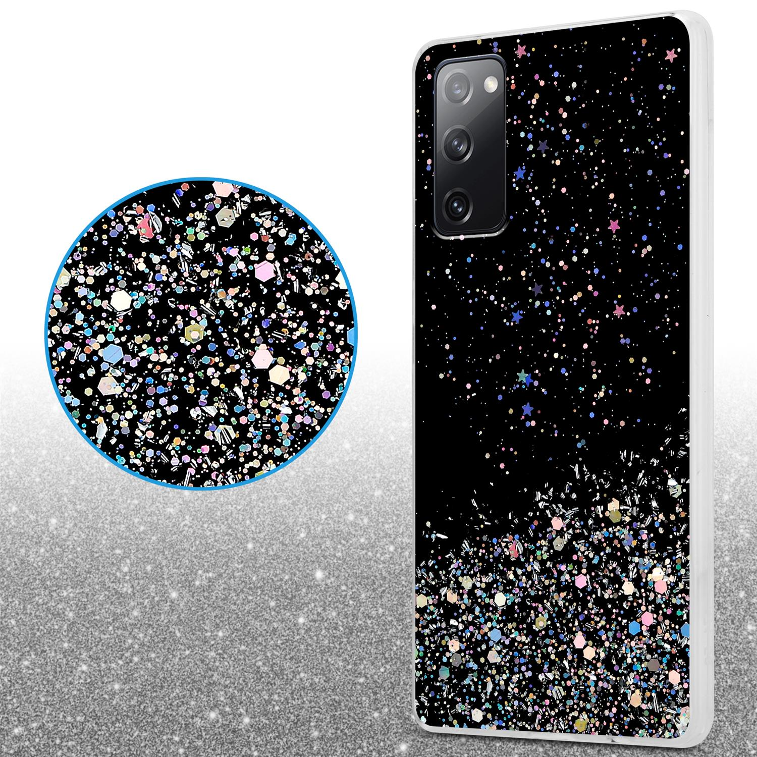Schwarze Handyhülle mit Glitzerdesign. Glitzerdetail wird in einem Kreis gezeigt.