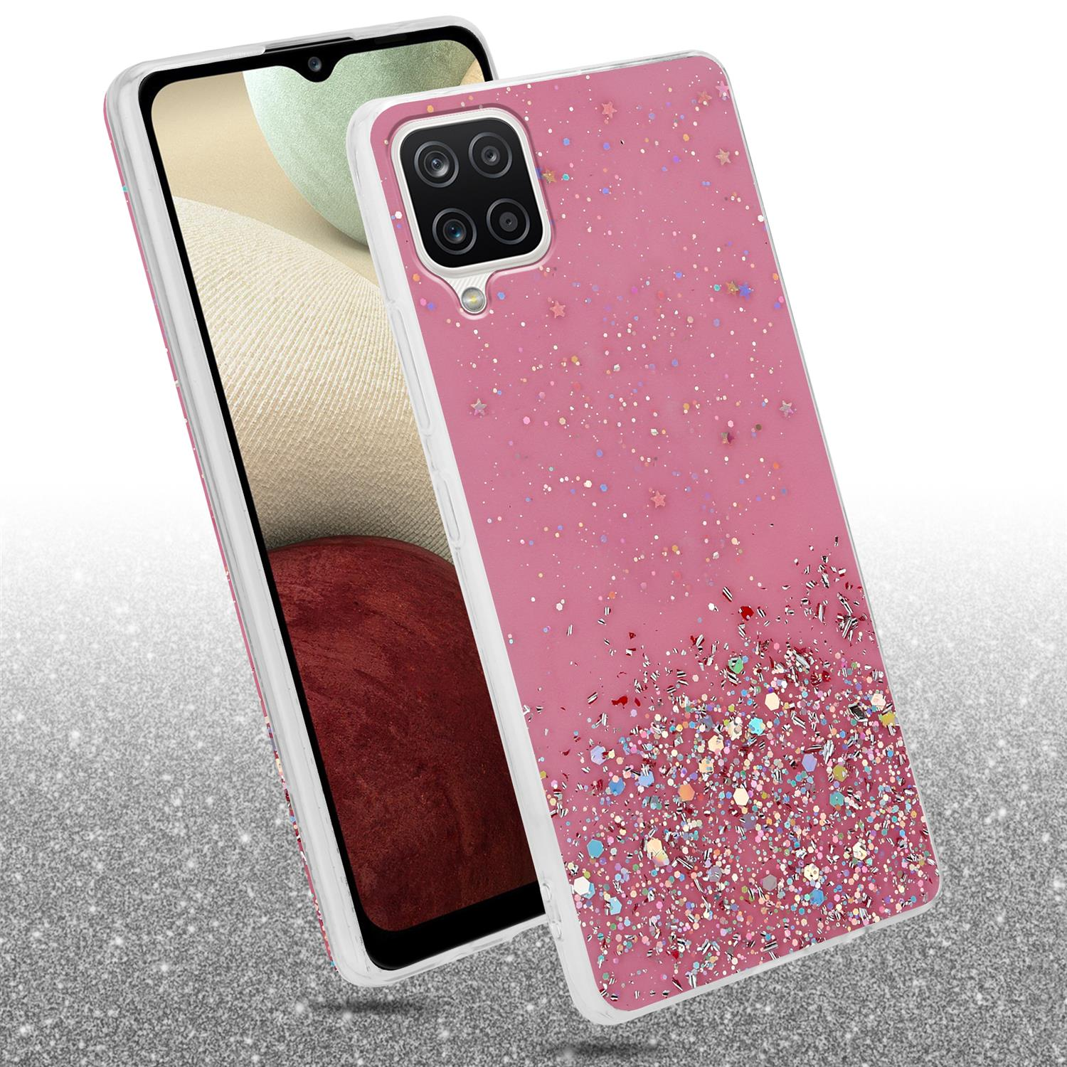 Rosa Handyhülle mit Glitzer, Sternen und Konfetti. Das Handy liegt auf silbernem Grund.