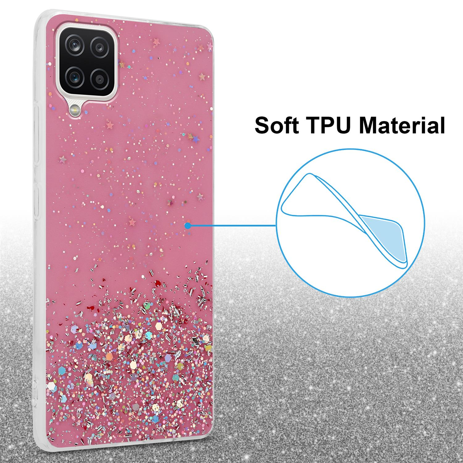 Eine rosa Handyhülle mit Glitzer und Text über weiches TPU-Material. Funkelnder Hintergrund.