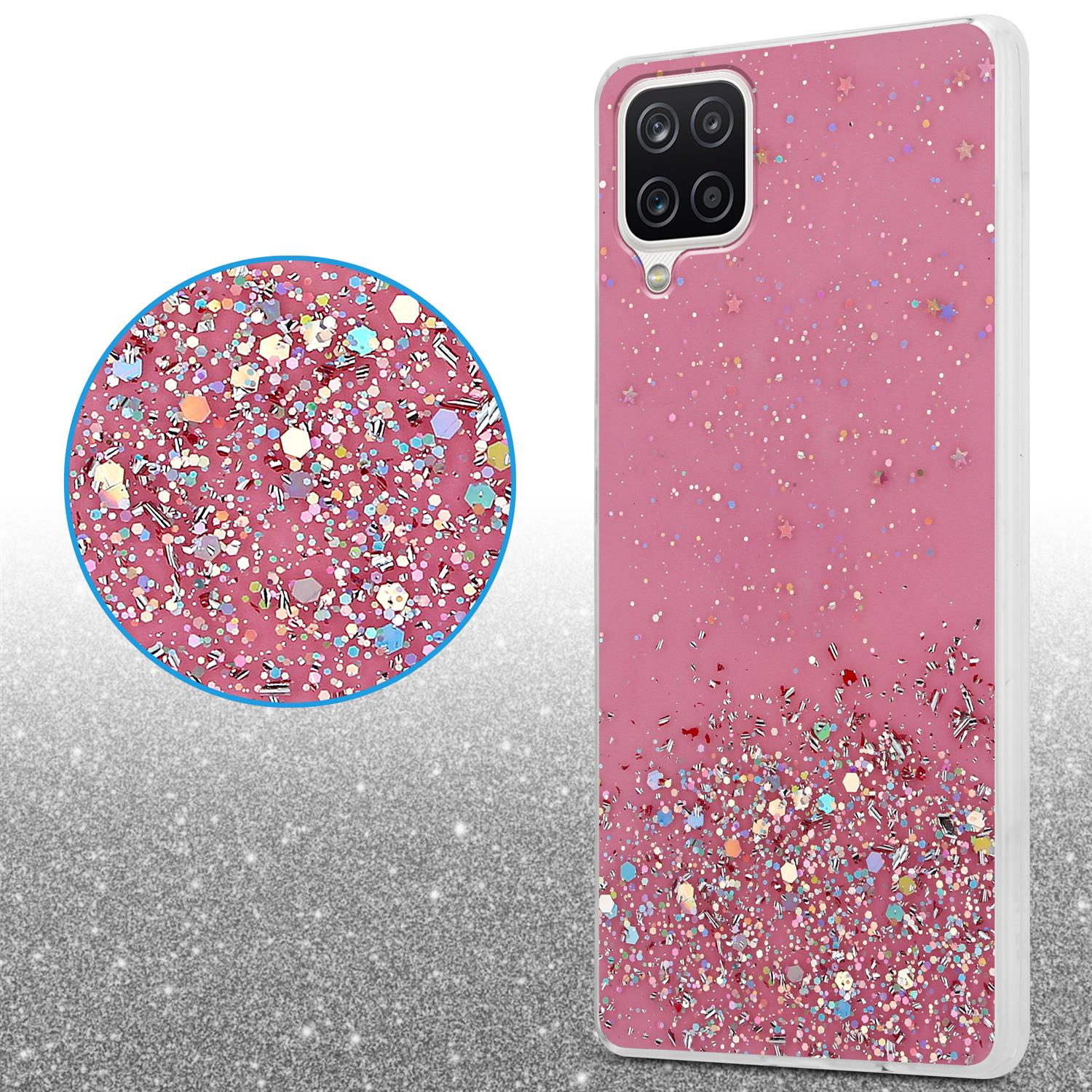 Rosa Handyhülle mit Glitzer und einem Kreiseinsatz. Der Kreis vergrößert das Glitzerdetail.