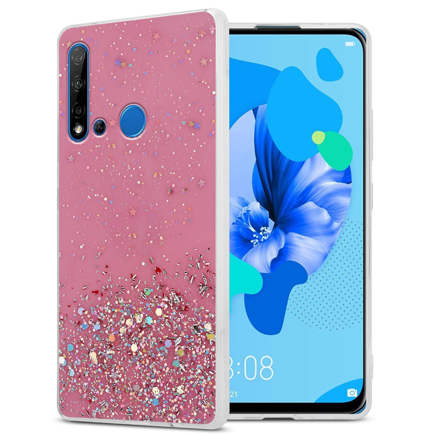 Rosa Handyhülle mit Glitzer und Sternen, mit Telefon auf weißem Hintergrund.