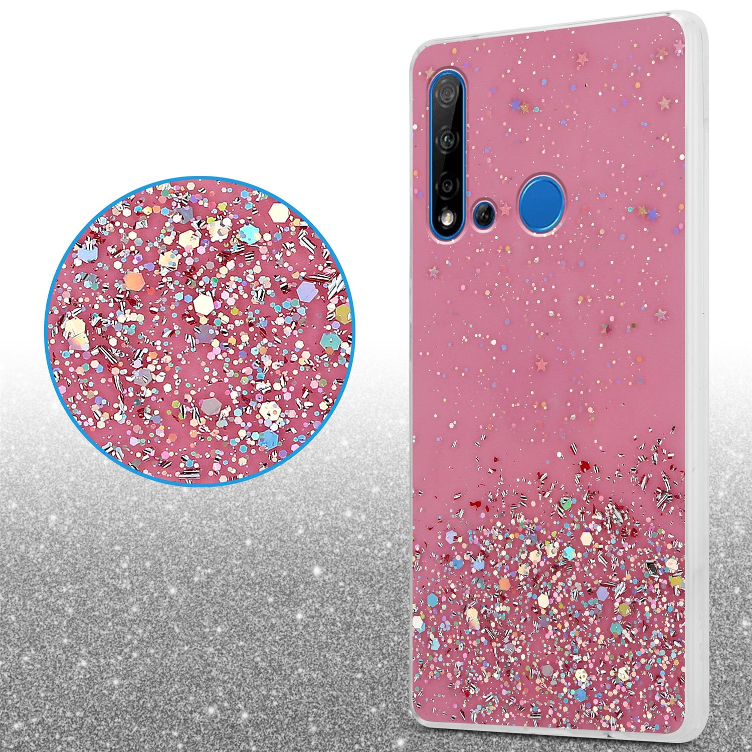 Rosa Handyhülle mit Glitzer-Design. Die Handyhülle ist der Mittelpunkt. Eine Nahaufnahme des Designs befindet sich im linken Kreis.