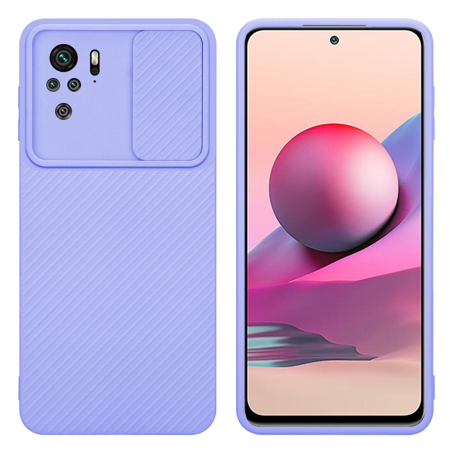 Lila Handyhülle mit Kameraabdeckung. Der Telefonbildschirm zeigt einen rosa-lila Farbverlauf.