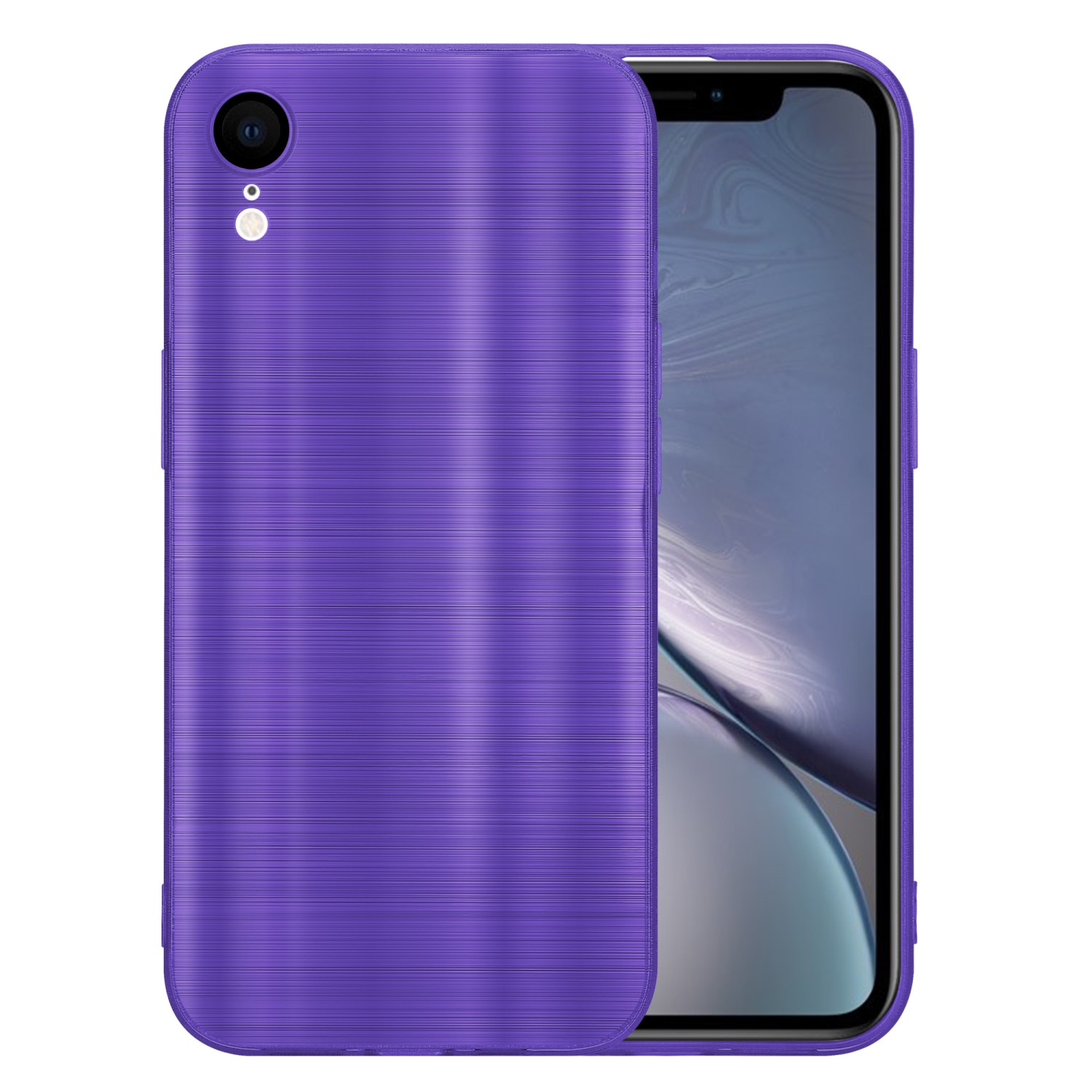 Lila Handyhülle auf einem Telefon. Die Hülle hat eine gebürstete Metallstruktur.