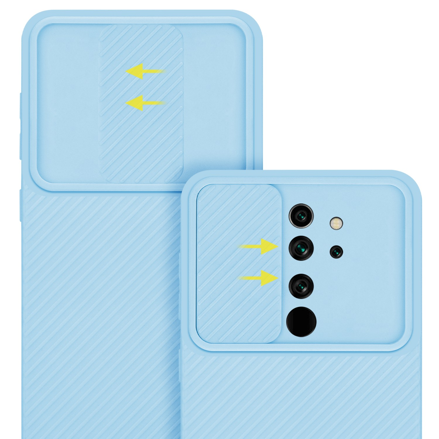 Custodia per telefono azzurra con copertura fotocamera, tre frecce gialle.