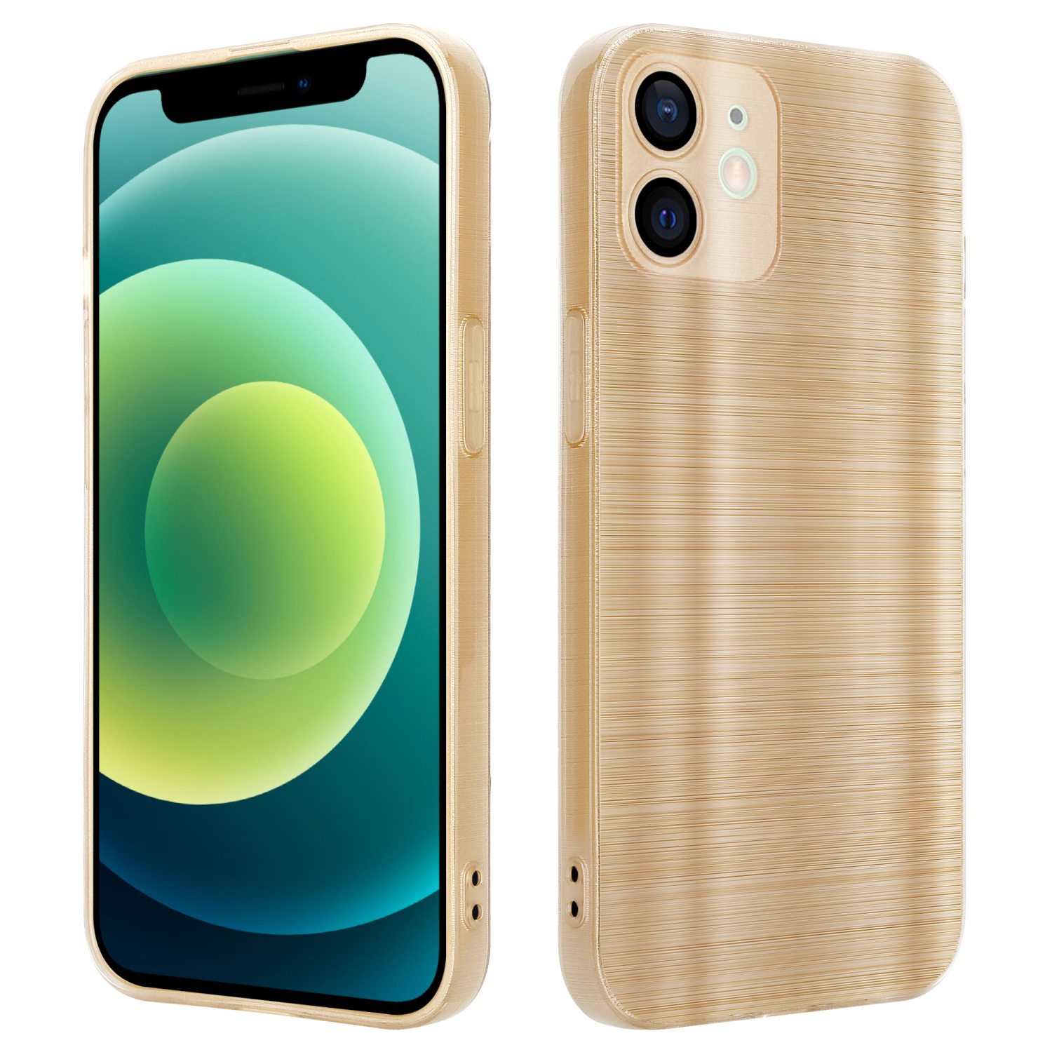 Goldene Handyhülle, die ein Telefon bedeckt. Die Hülle hat ein gebürstetes Metall-Aussehen.