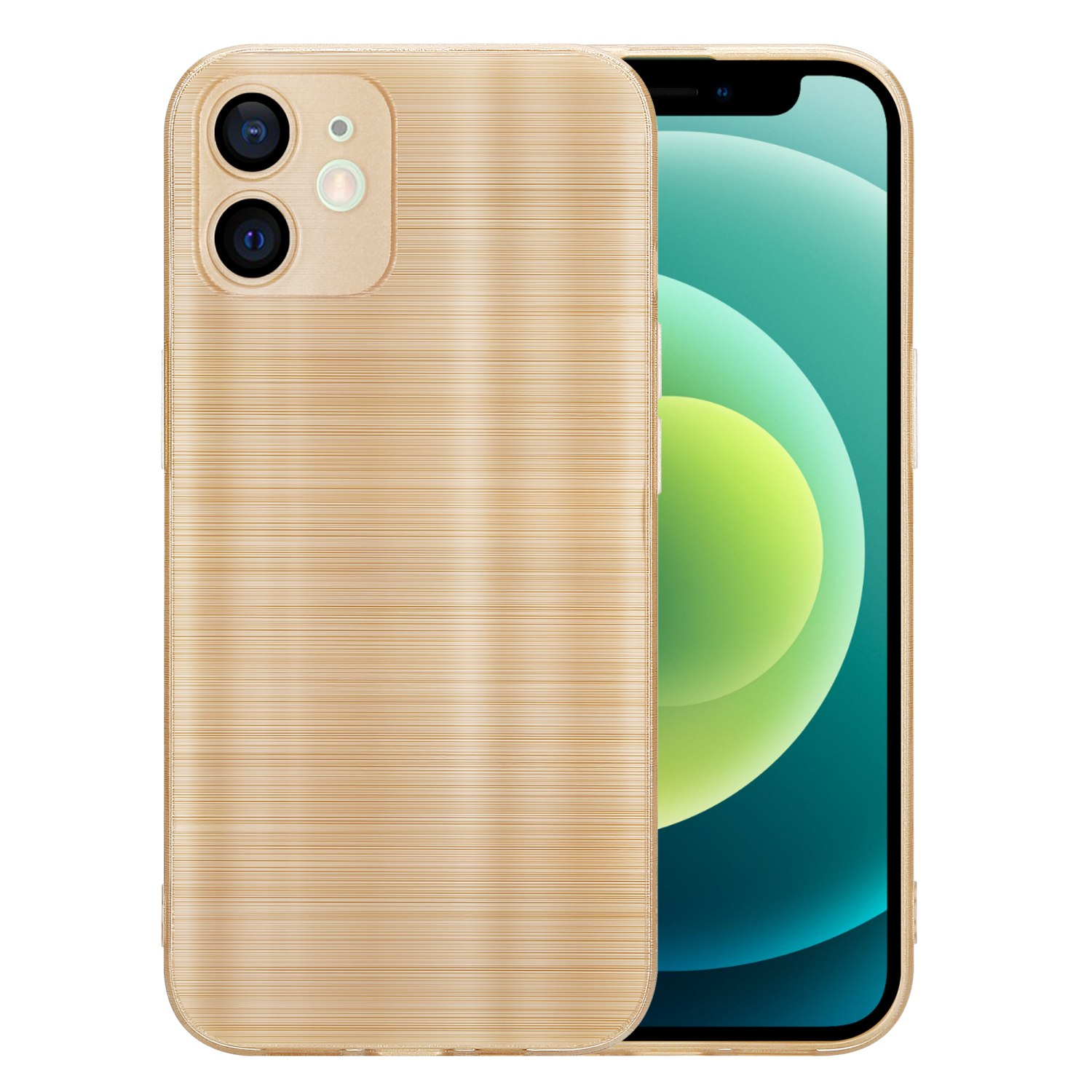 Eine goldene Handyhülle links und ein Telefon mit grünem Bildschirm rechts.