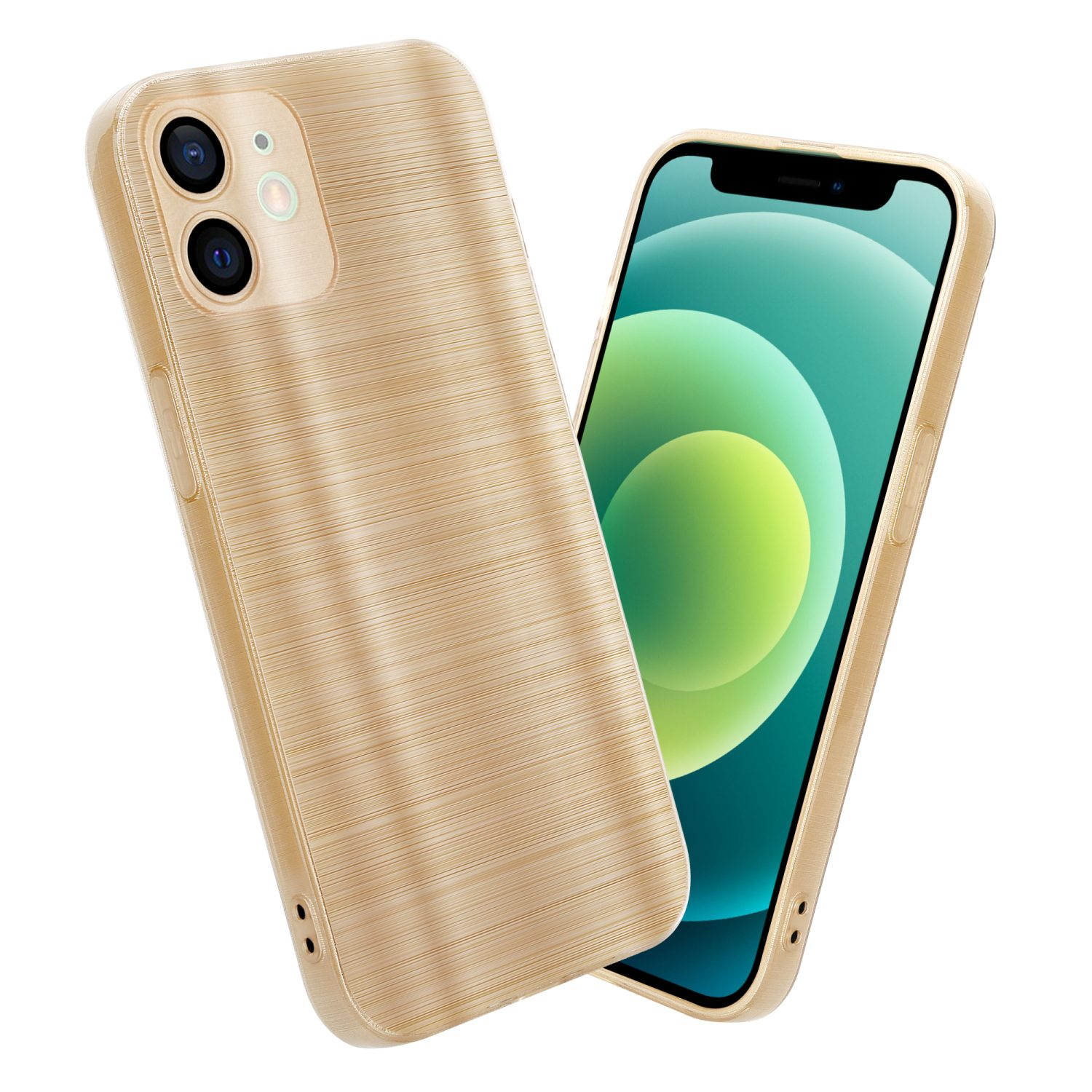 Eine goldene Handyhülle wird neben einem Telefon mit einem Bildschirm mit einem grün-gelben Bild angezeigt.