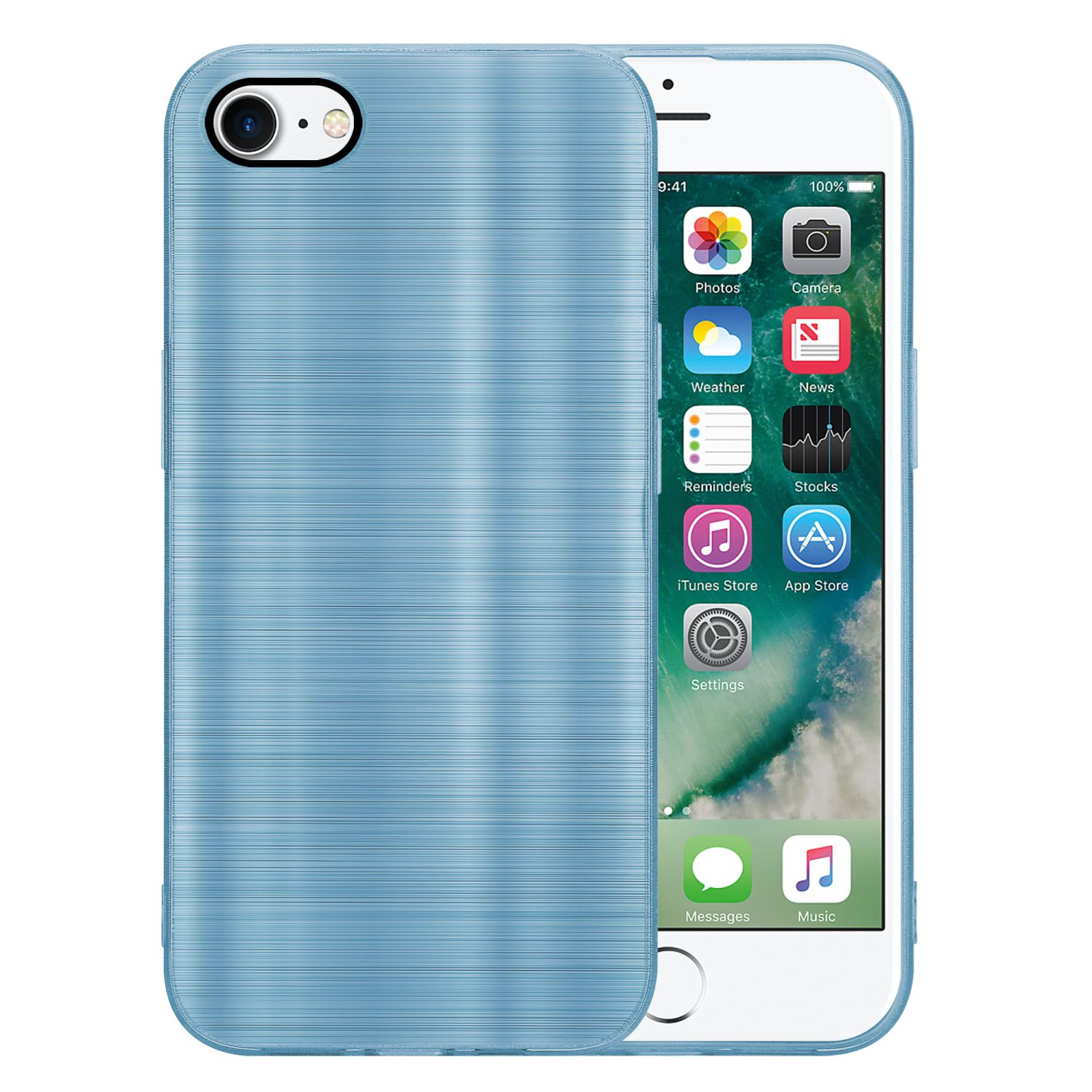 Ein blaues Telefon mit einer blauen Hülle. Das Telefon zeigt die App-Symbole auf dem Bildschirm.